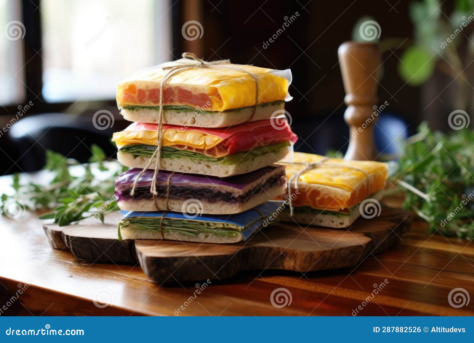 Stack of Premade Sandwiches Wrapped in Sustainable Beeswax Wraps Stock