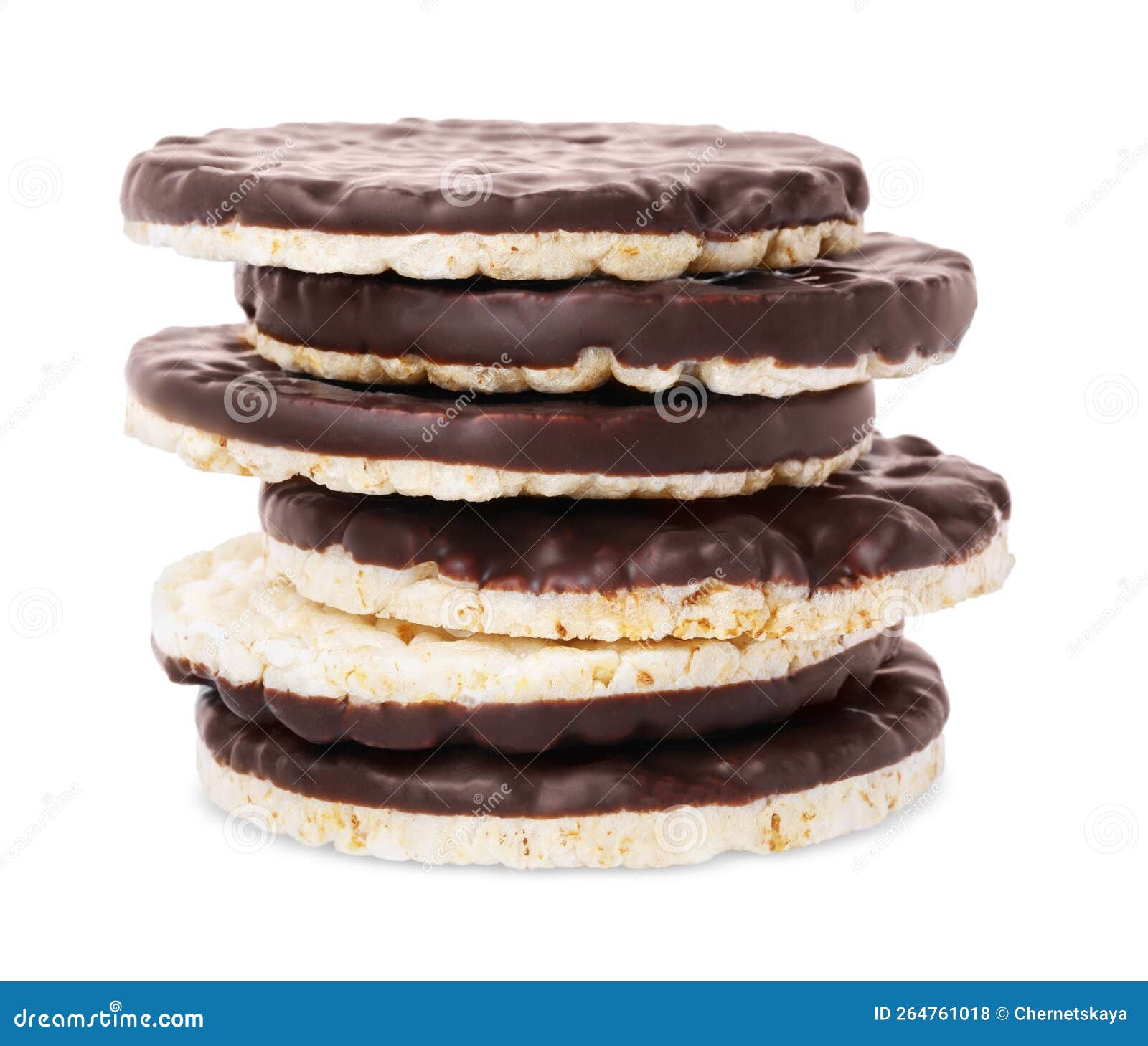 Stack of Puffed Rice Cakes with Chocolate Spread Isolated on White