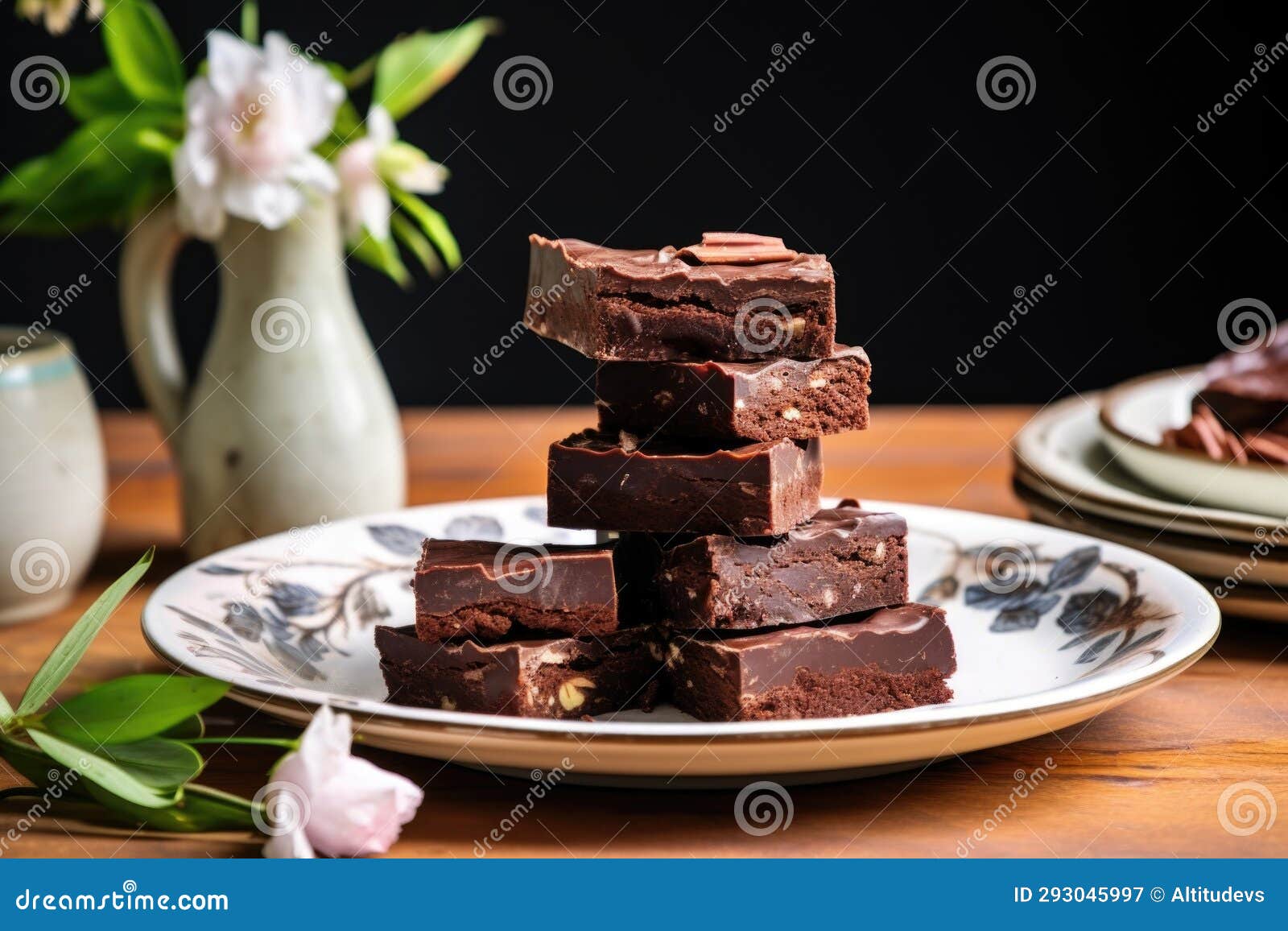 A Stack of Raw Vegan Chocolate Brownies on a Ceramic Plate Stock Image