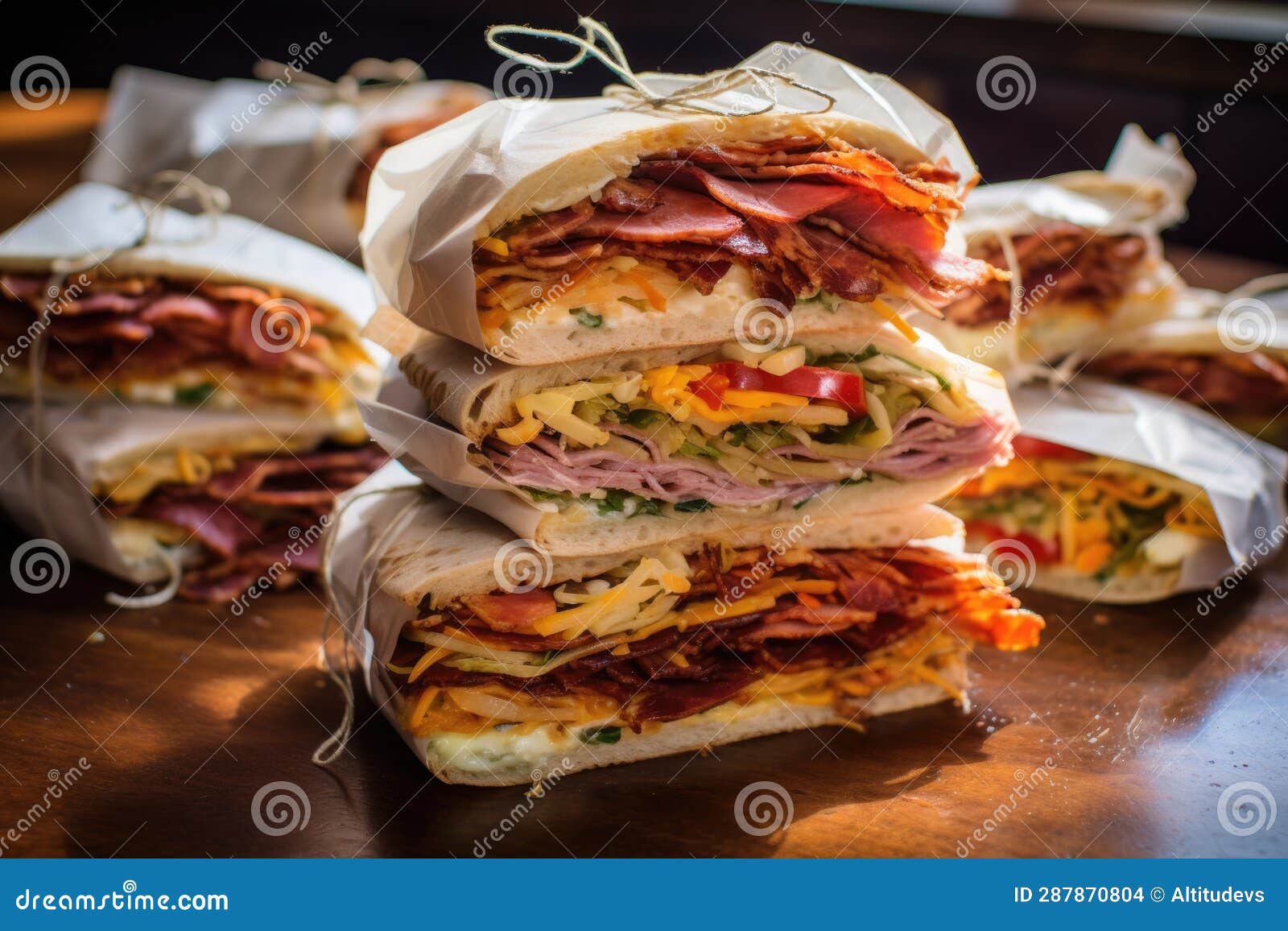 Stack of Sandwiches Wrapped in Parchment Paper Stock Illustration