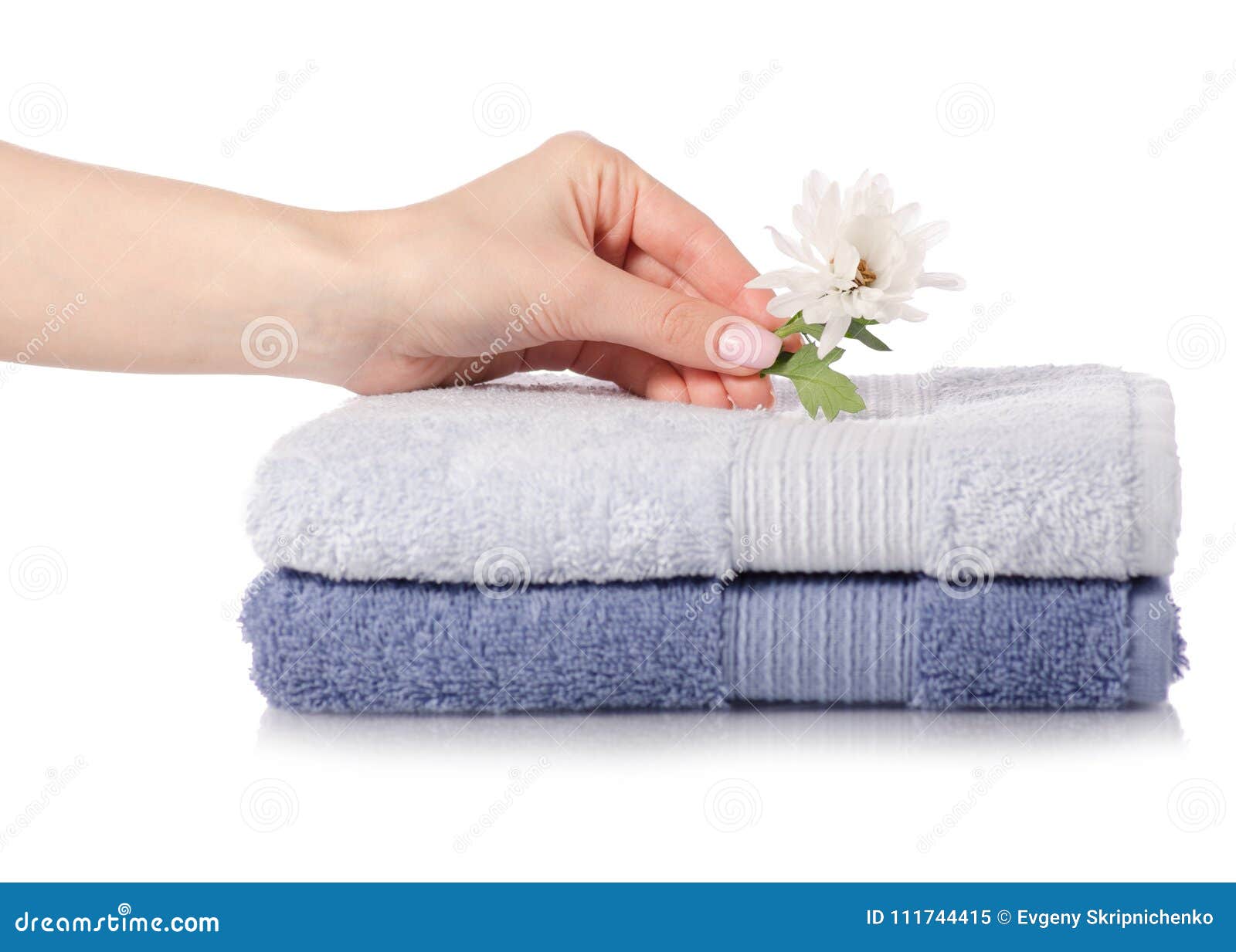 A Stack Set of Towels Blue Flower in Hand Stock Image Image of cloth
