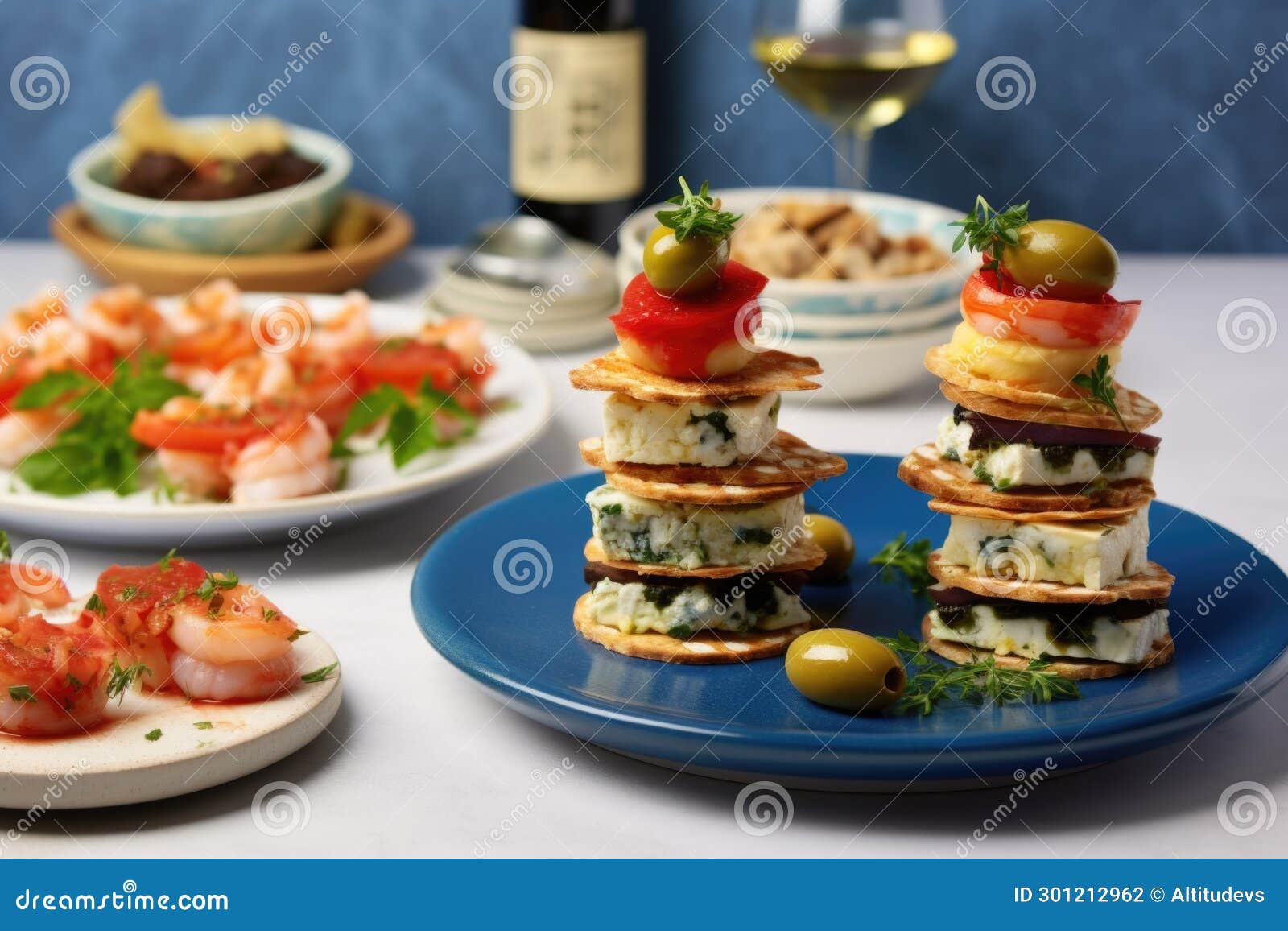 Stack of Spanish Tapas Dishes on a Blue Countertop Stock Photo Image