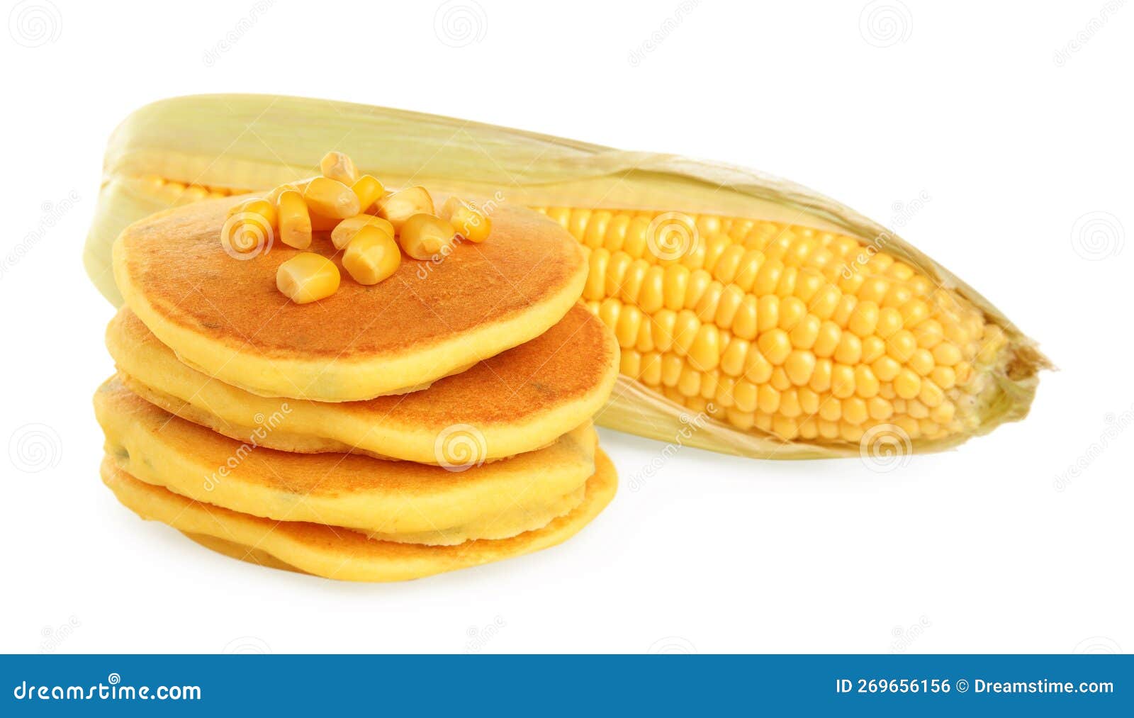 Stack of Tasty Corn Pancakes with Sweet Kernels and Cob Isolated on