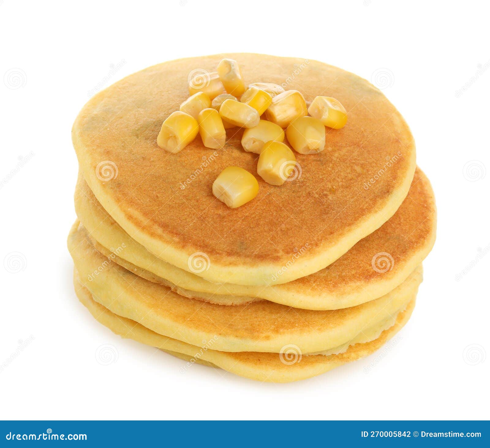 Stack of Tasty Corn Pancakes with Sweet Kernels Isolated on White Stock