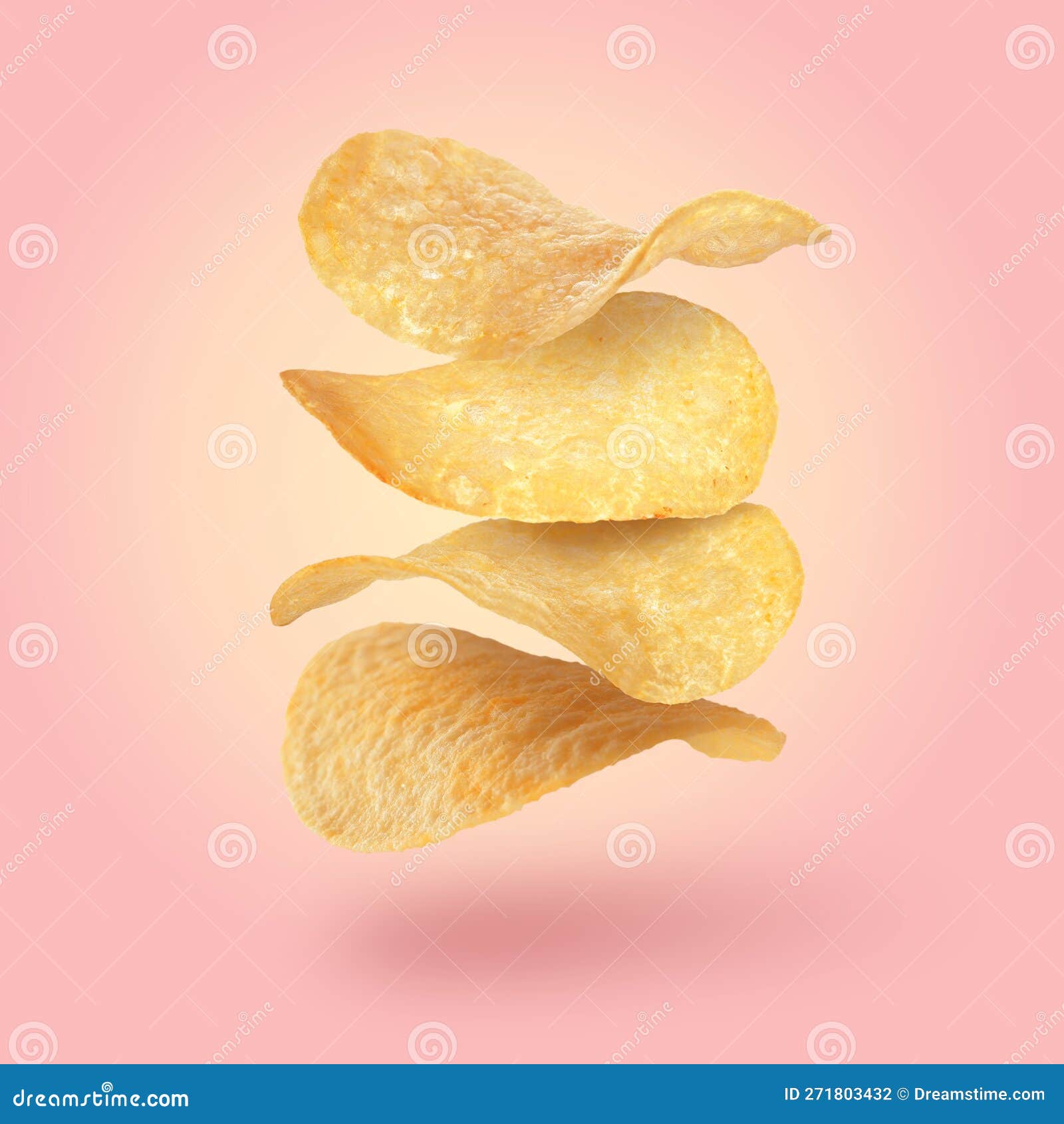 Stack of Tasty Potato Chips Falling on Pink Background Stock Photo