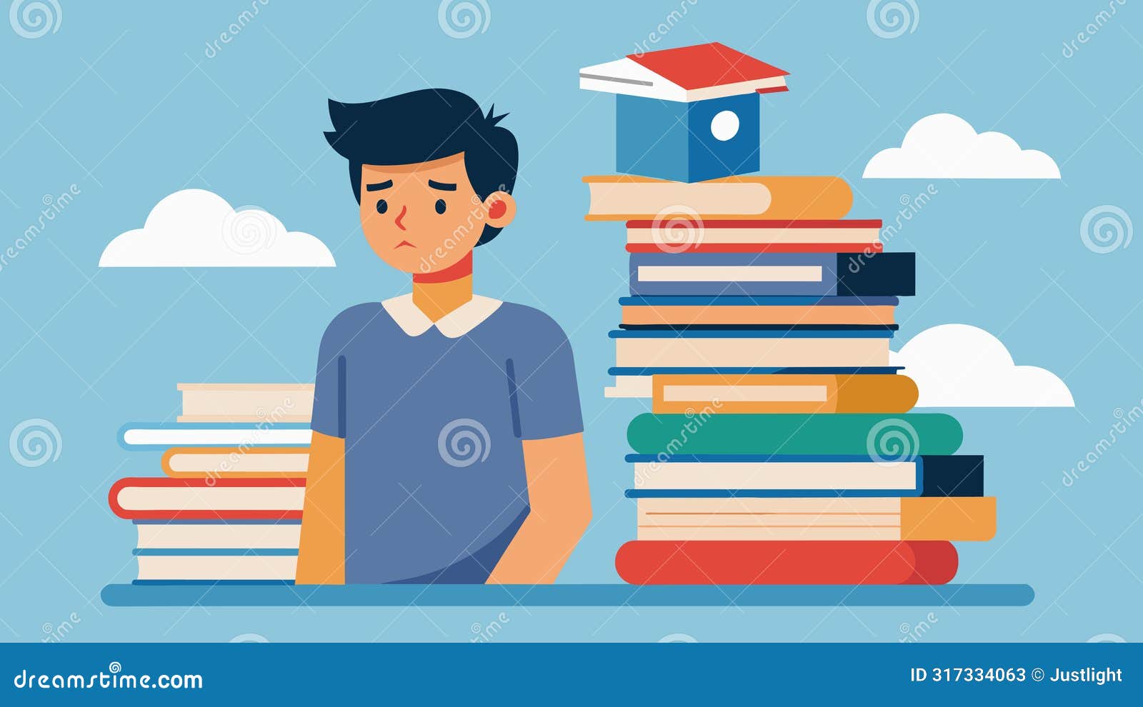 a stack of textbooks and course materials tower over an international student as they contemplate whether or not they