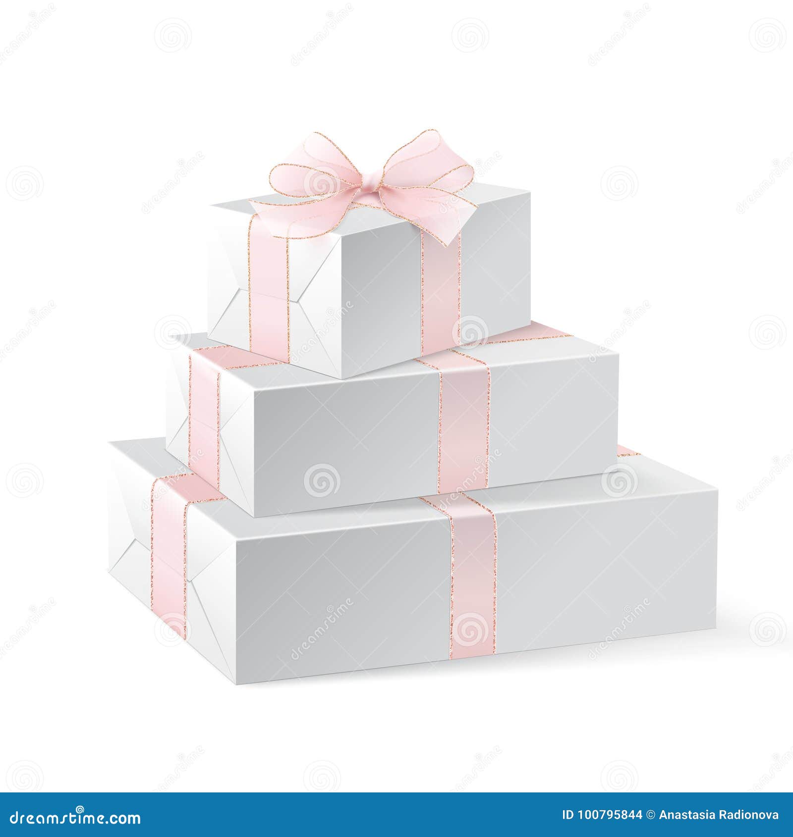 Stack Of Three Realistic White Gift Boxes With Pink Ribbon And Bow My