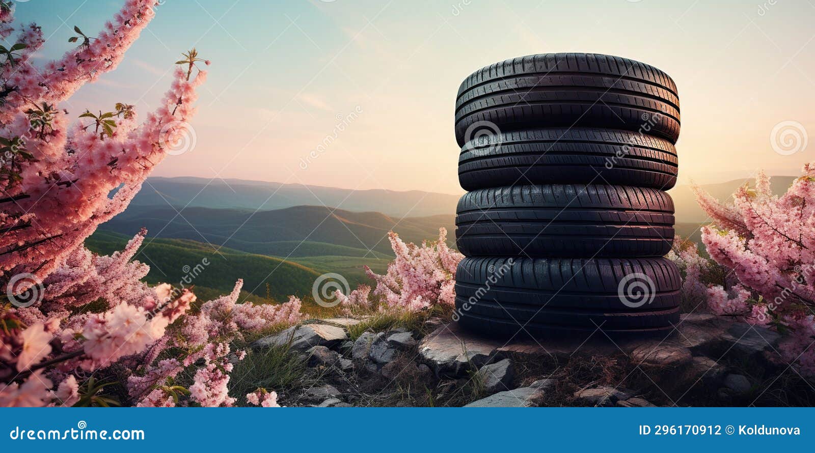 Stack of Tires Against the Backdrop of a Beautiful Spring Landscape