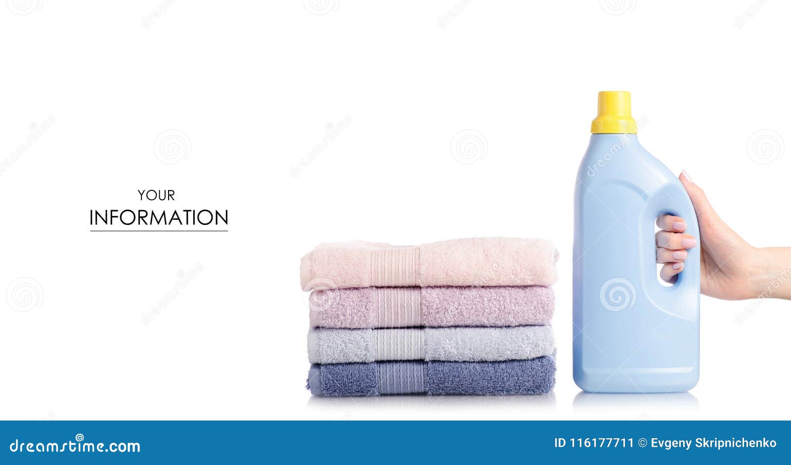 A Stack of Towels Softener Conditioner Liquid Laundry Detergent in Hand