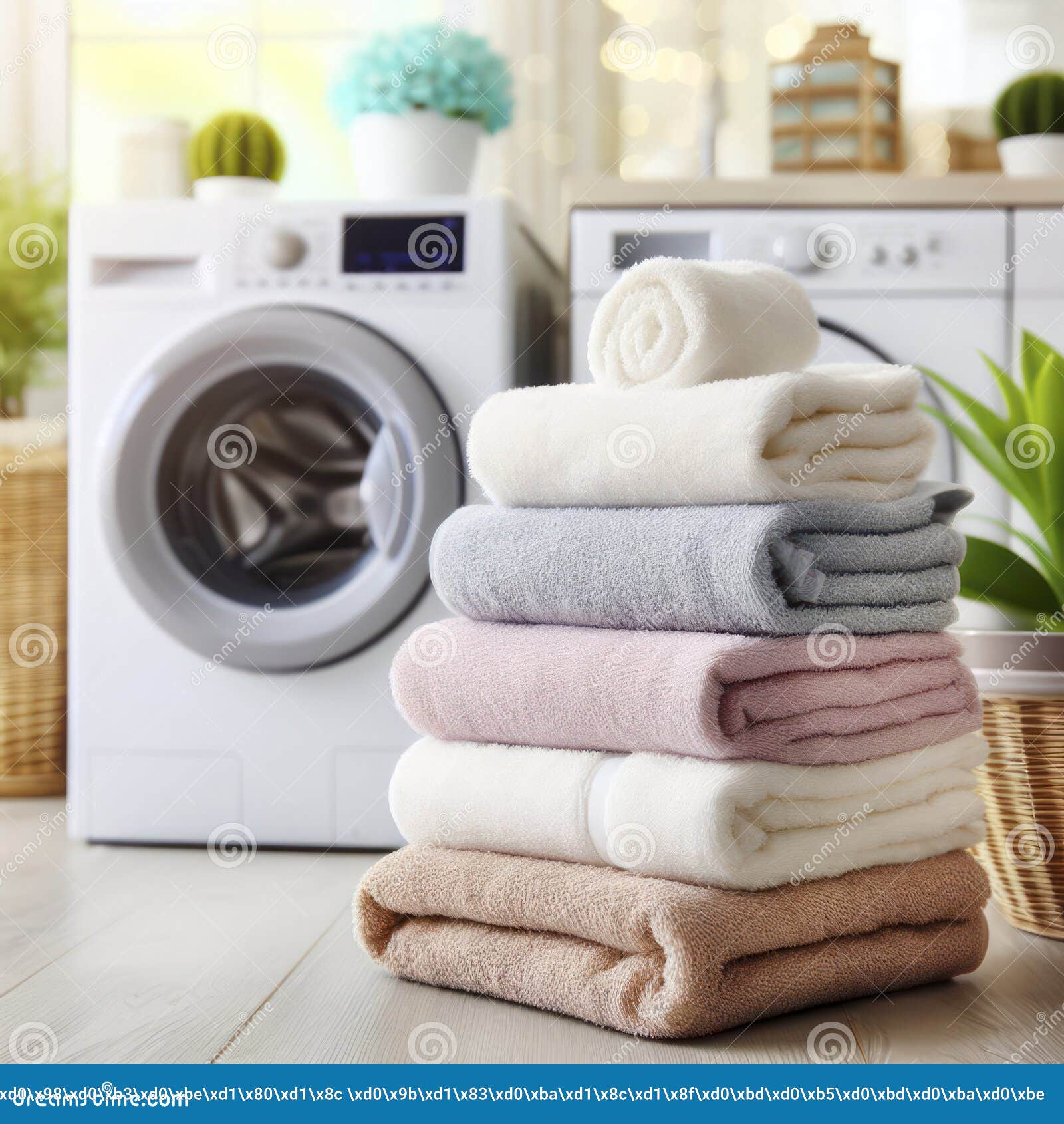 A Stack of Towels with a Washing Machine in the Background. Ai