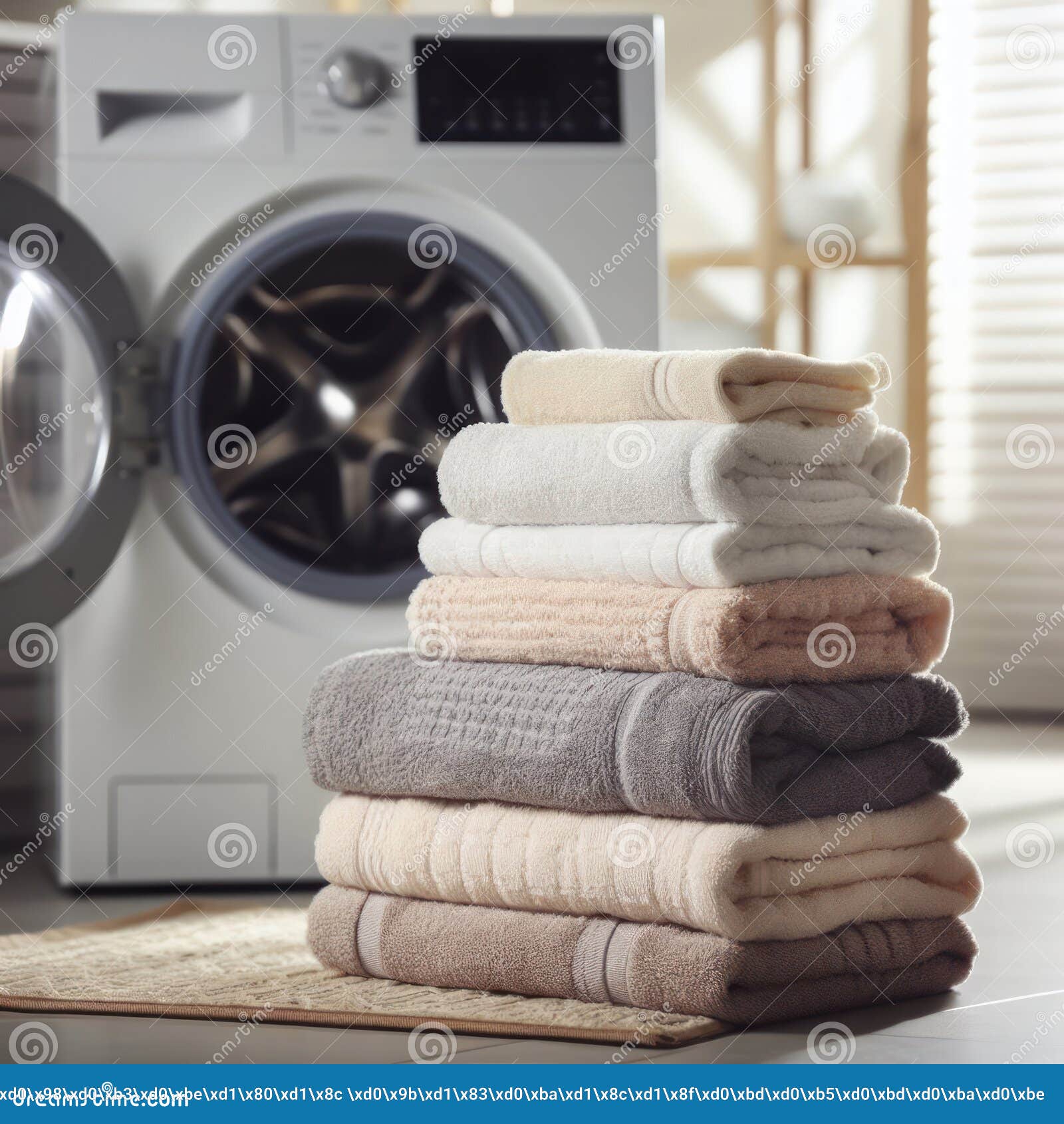 A Stack of Towels with a Washing Machine in the Background. Ai