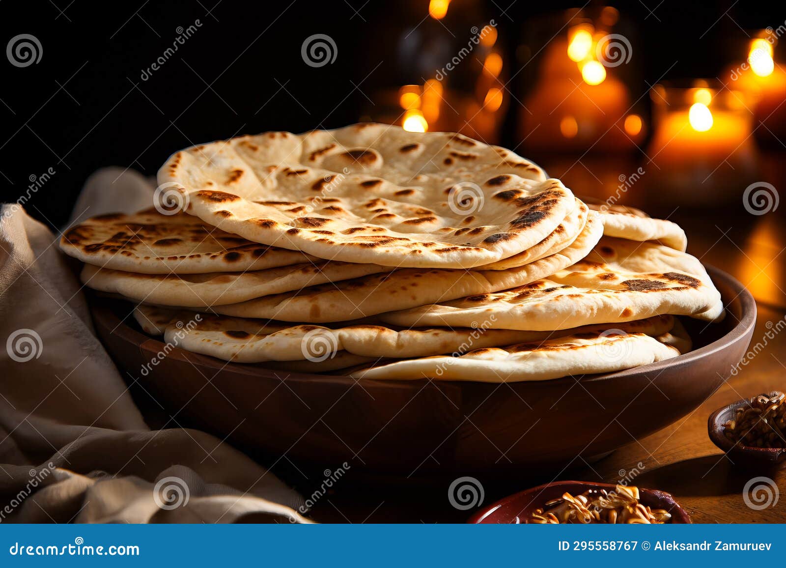 Stack of Traditional Naan Bread on the Table Isolated on Served Table