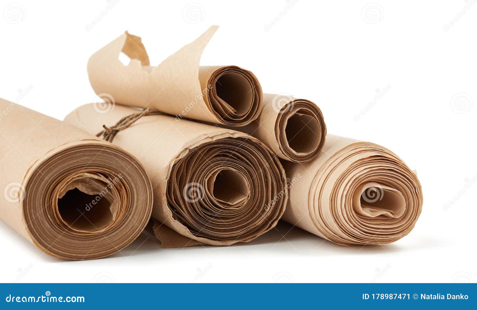 Stack of Twisted Rolls of Brown Paper Isolated on White Background