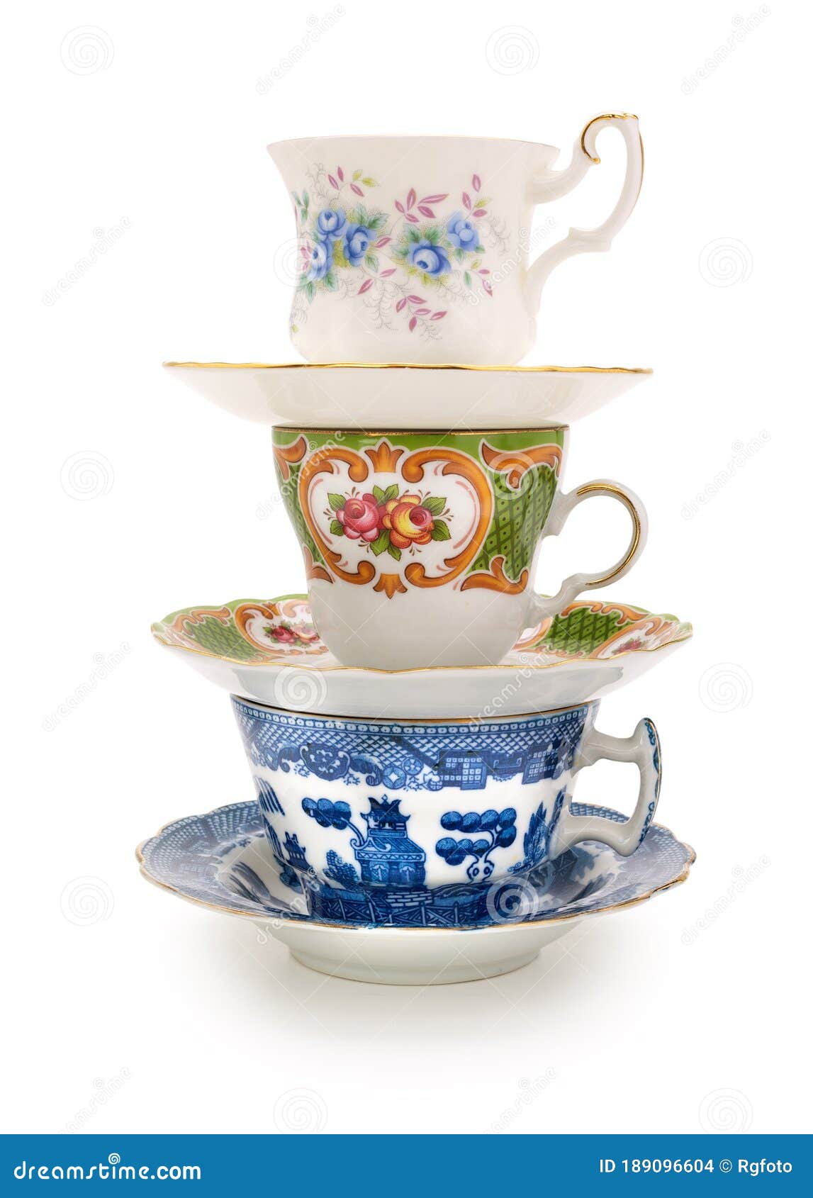 Stack of a Variety of Teacups on a Completely White Background