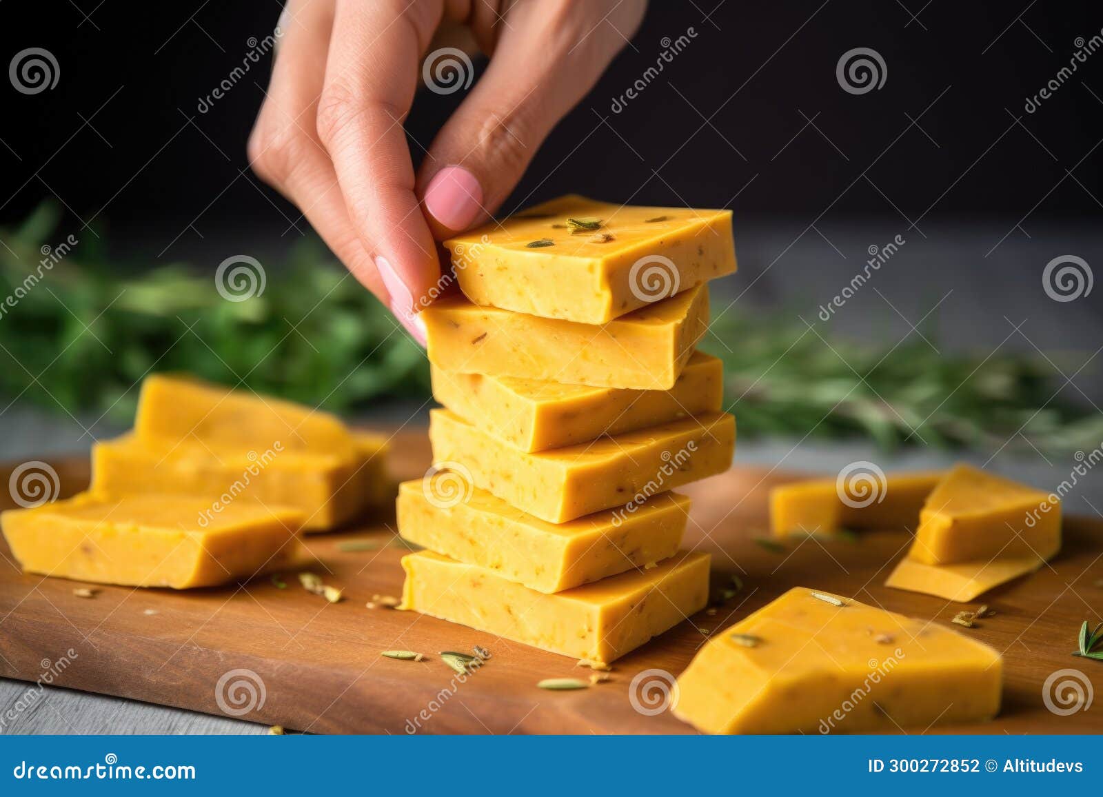 Stack of Vegan Cheese Slices with Hand Reaching Stock Photo Image of