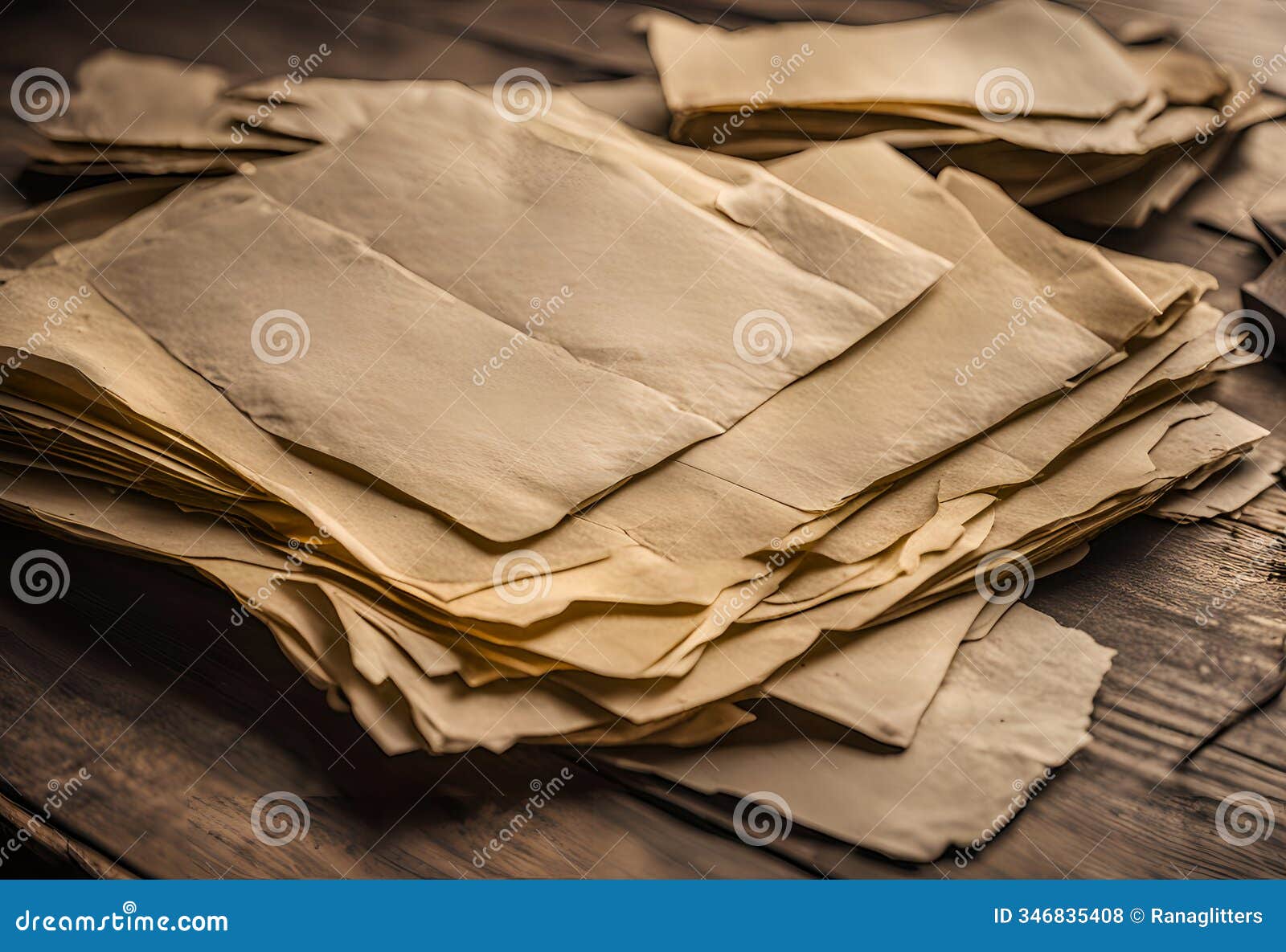 stack of vintage paper sheets on a wooden surface