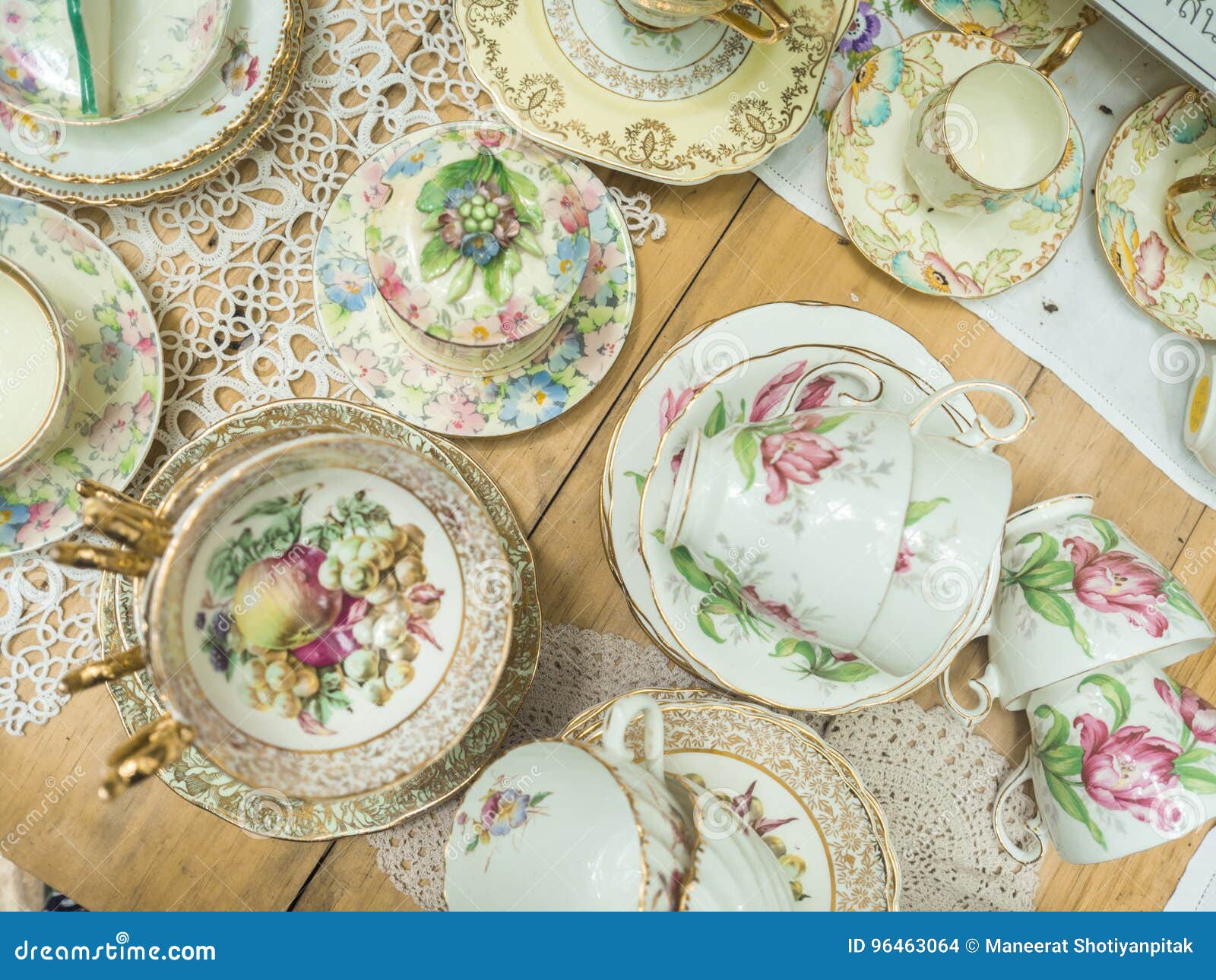 Stack of Vintage Tea Cups for High Tea. Stock Photo Image of gold