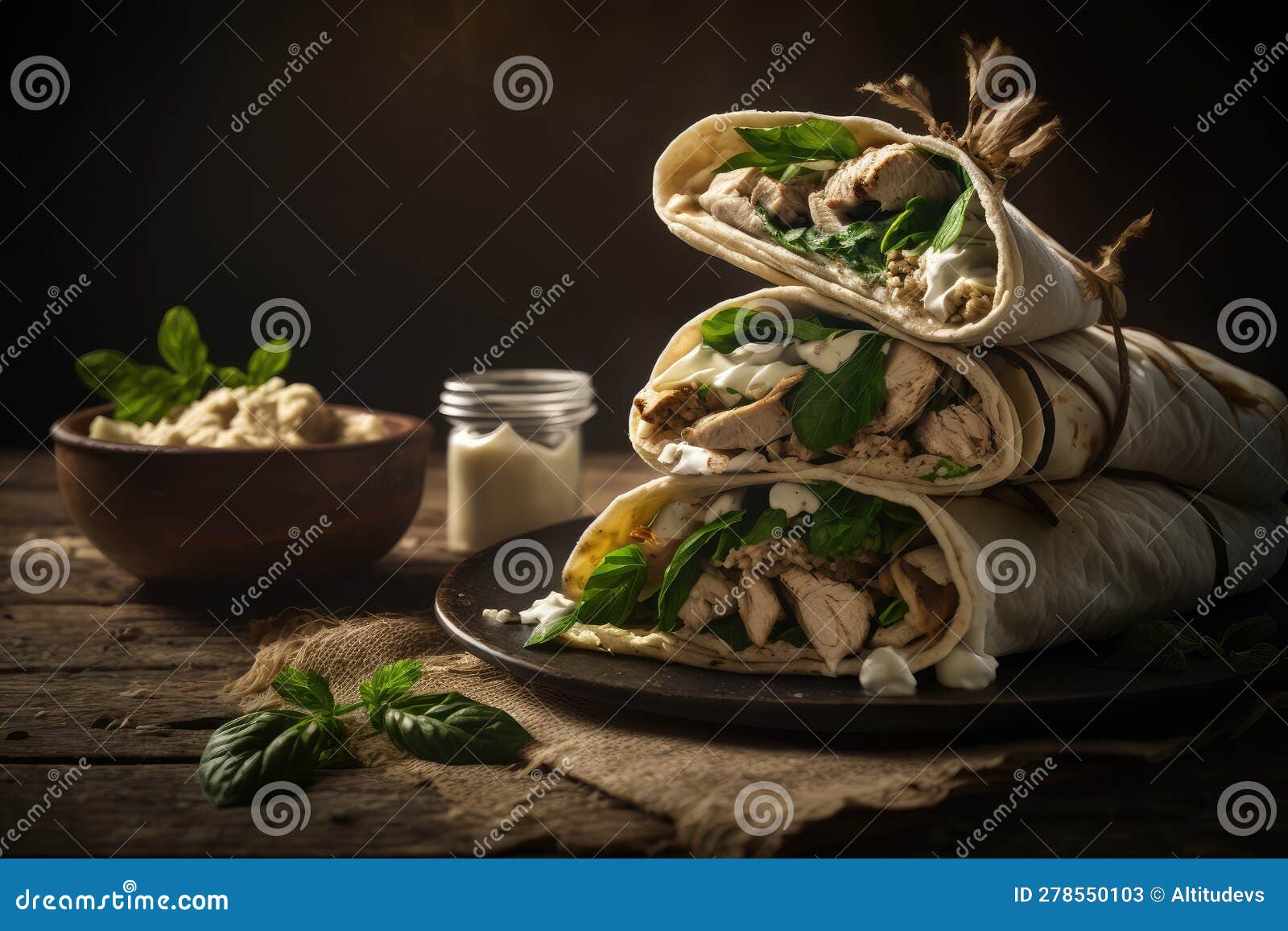 Stack of Warm Chicken Shawarma Wrapped in Pita Bread, with Hummus and
