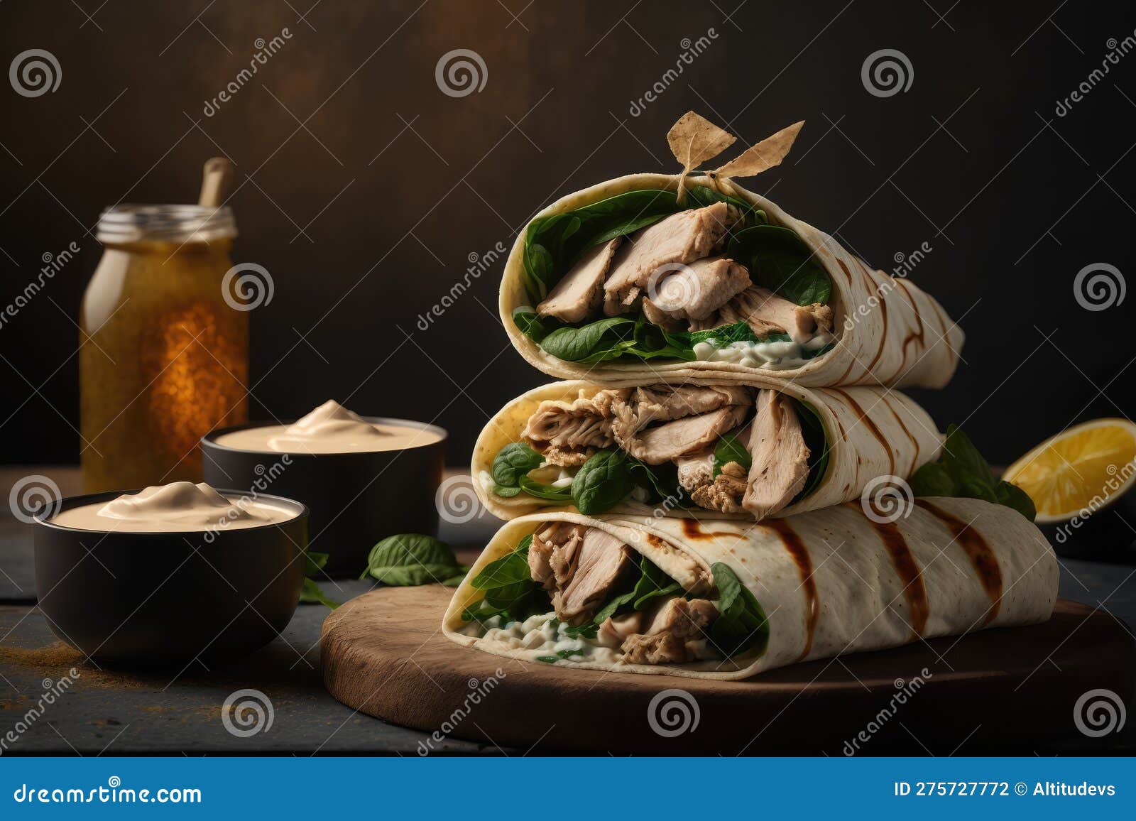 Stack of Warm Chicken Shawarma Wrapped in Pita Bread, with Hummus and