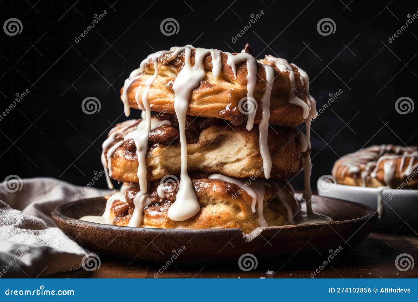 Stack of Warm, Gooey Cinnamon Buns with Drizzle of Icing Stock