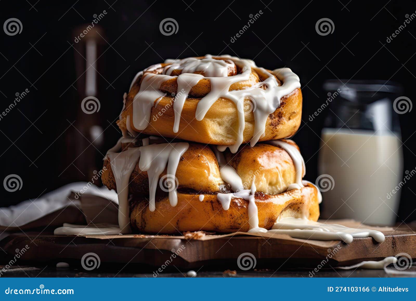 Stack of Warm and Gooey Cinnamon Buns with Drizzle of Icing Stock Photo
