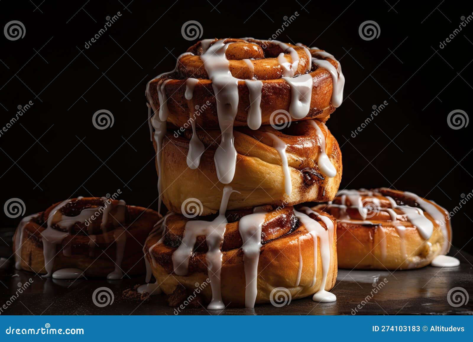 Stack of Warm and Gooey Cinnamon Buns with Drizzle of Icing Stock