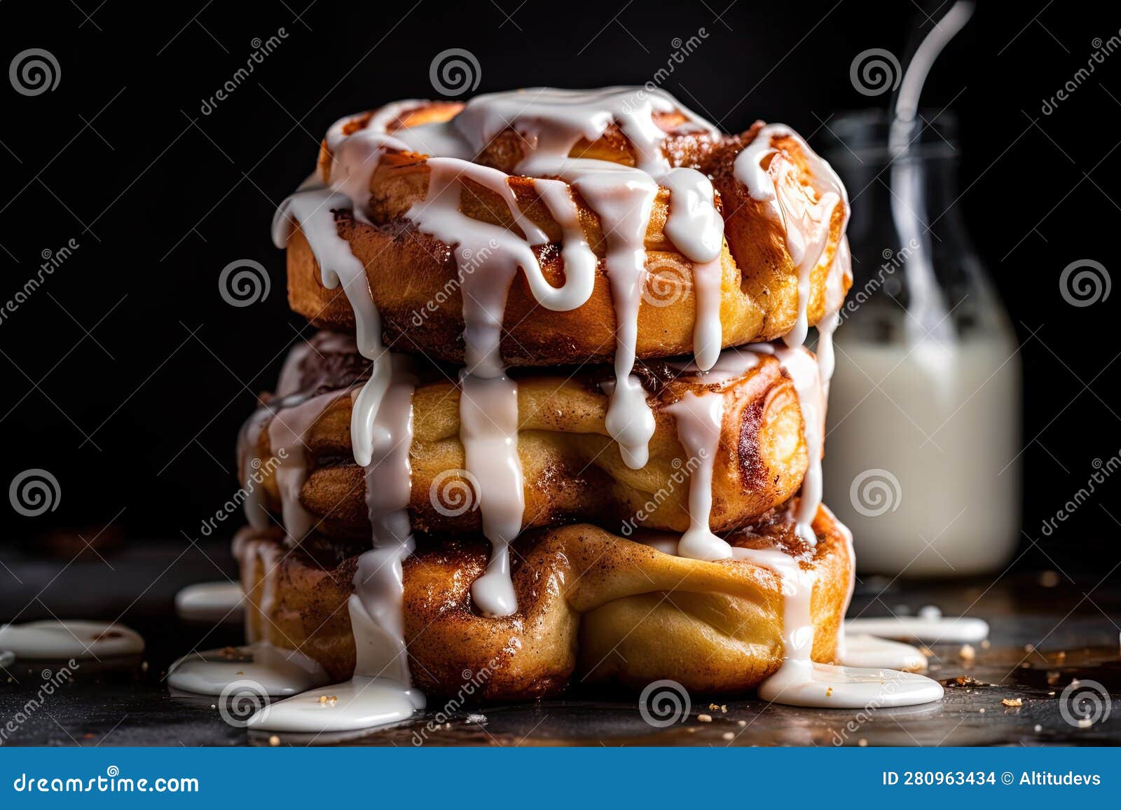 Stack of Warm, Gooey Cinnamon Buns with Drizzle of Icing Stock