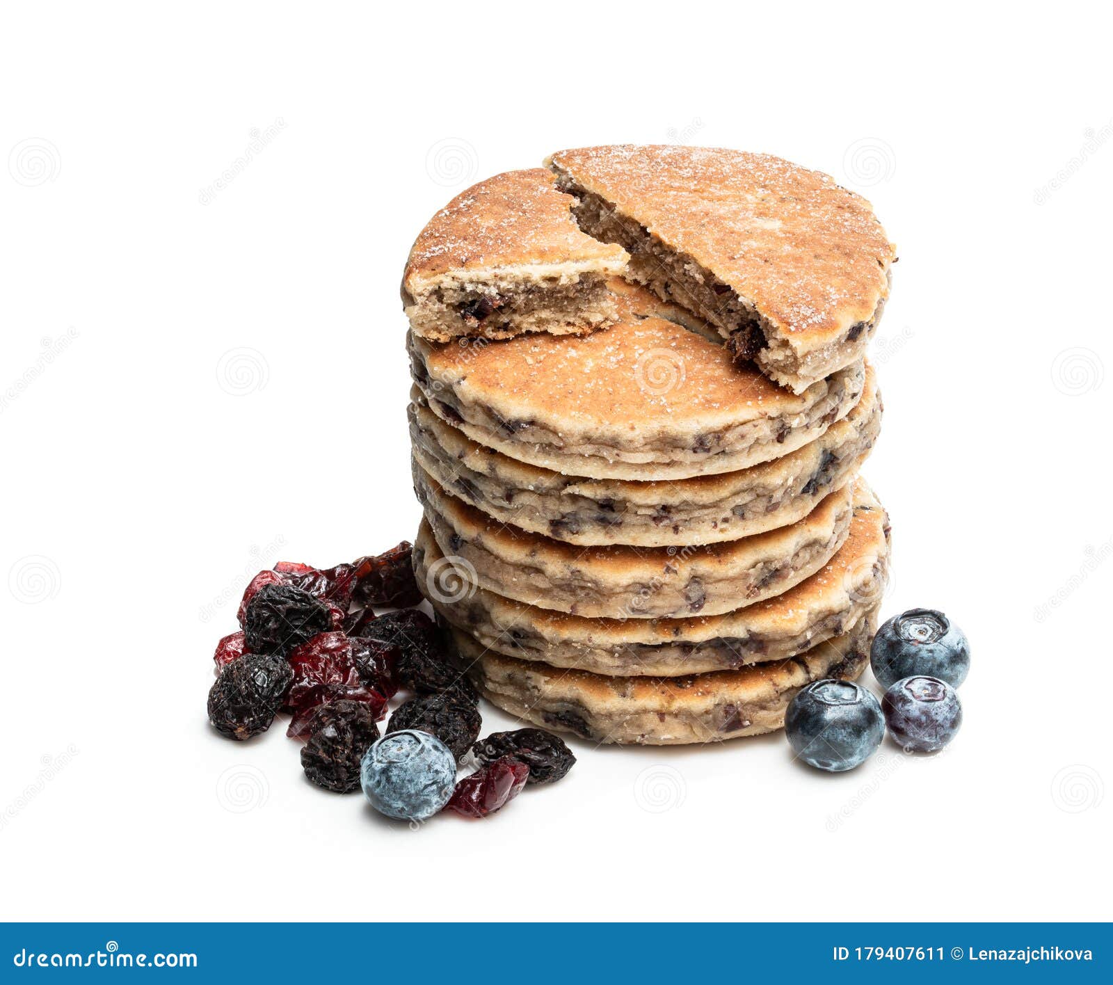 Stack of Welsh Cakes with Dry Berries and Fresh Blueberries Isolated on