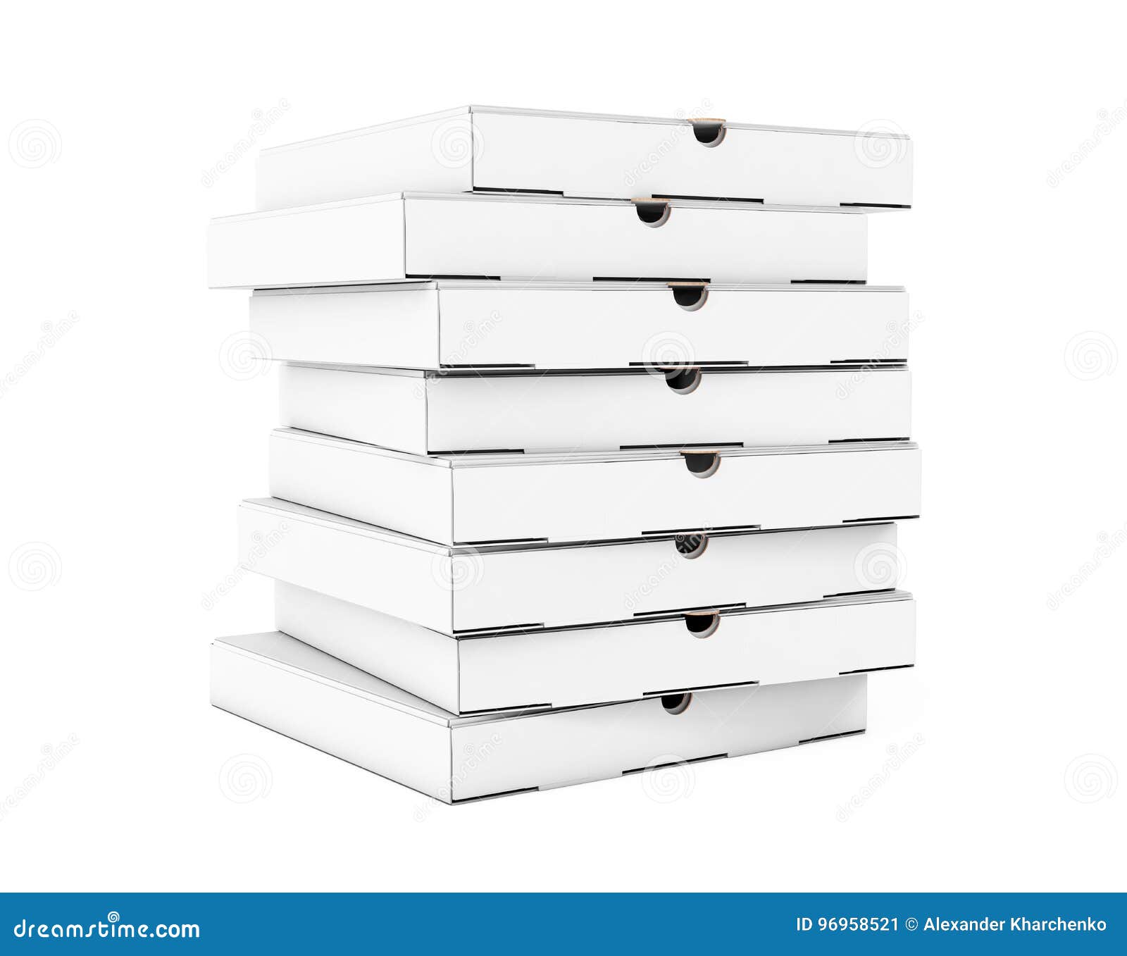 Stack of White Blank Cardboard Pizza Boxes. 3d Rendering Stock