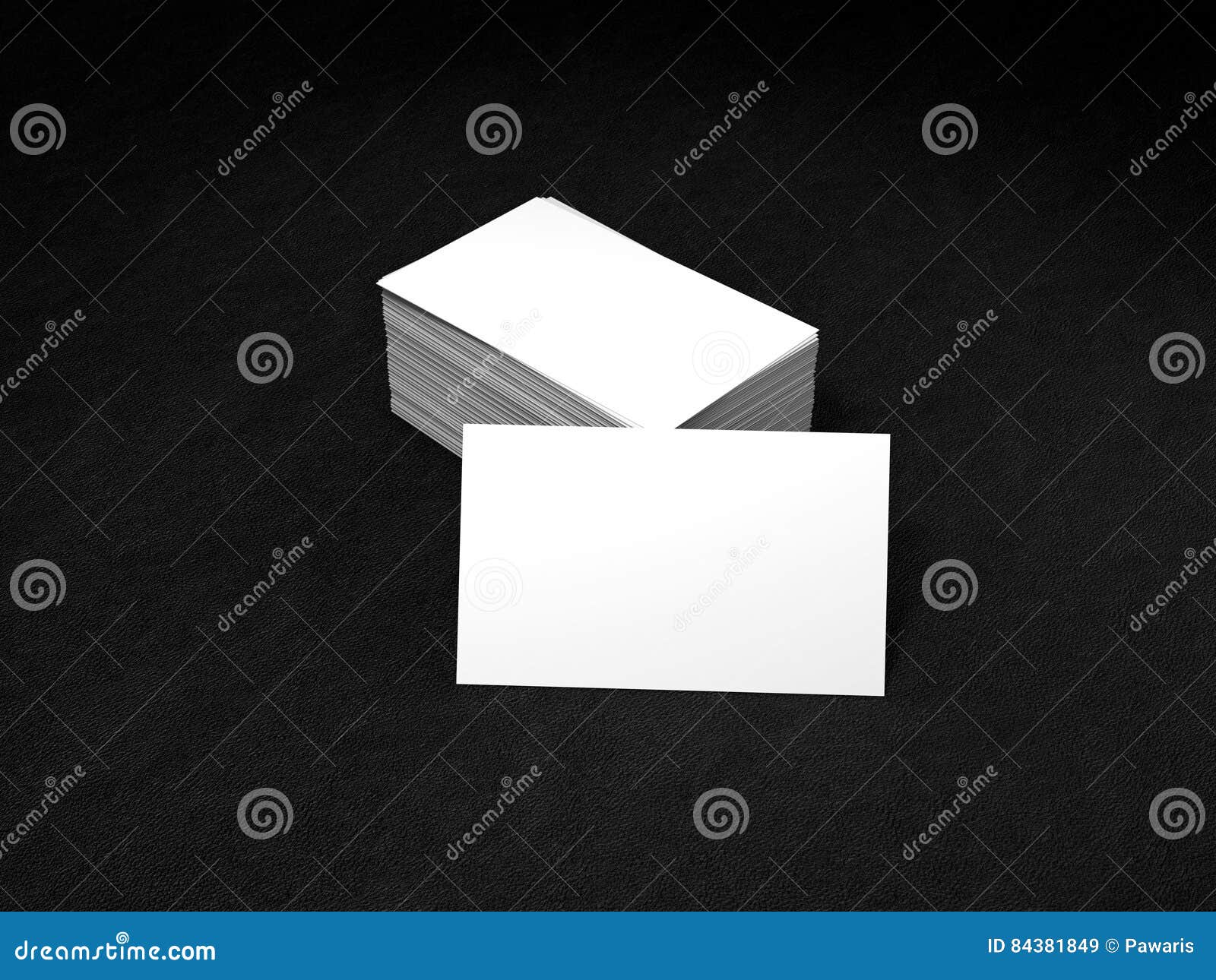 stack of white business cards. namecards mockup template on black leather background. 3d rendering