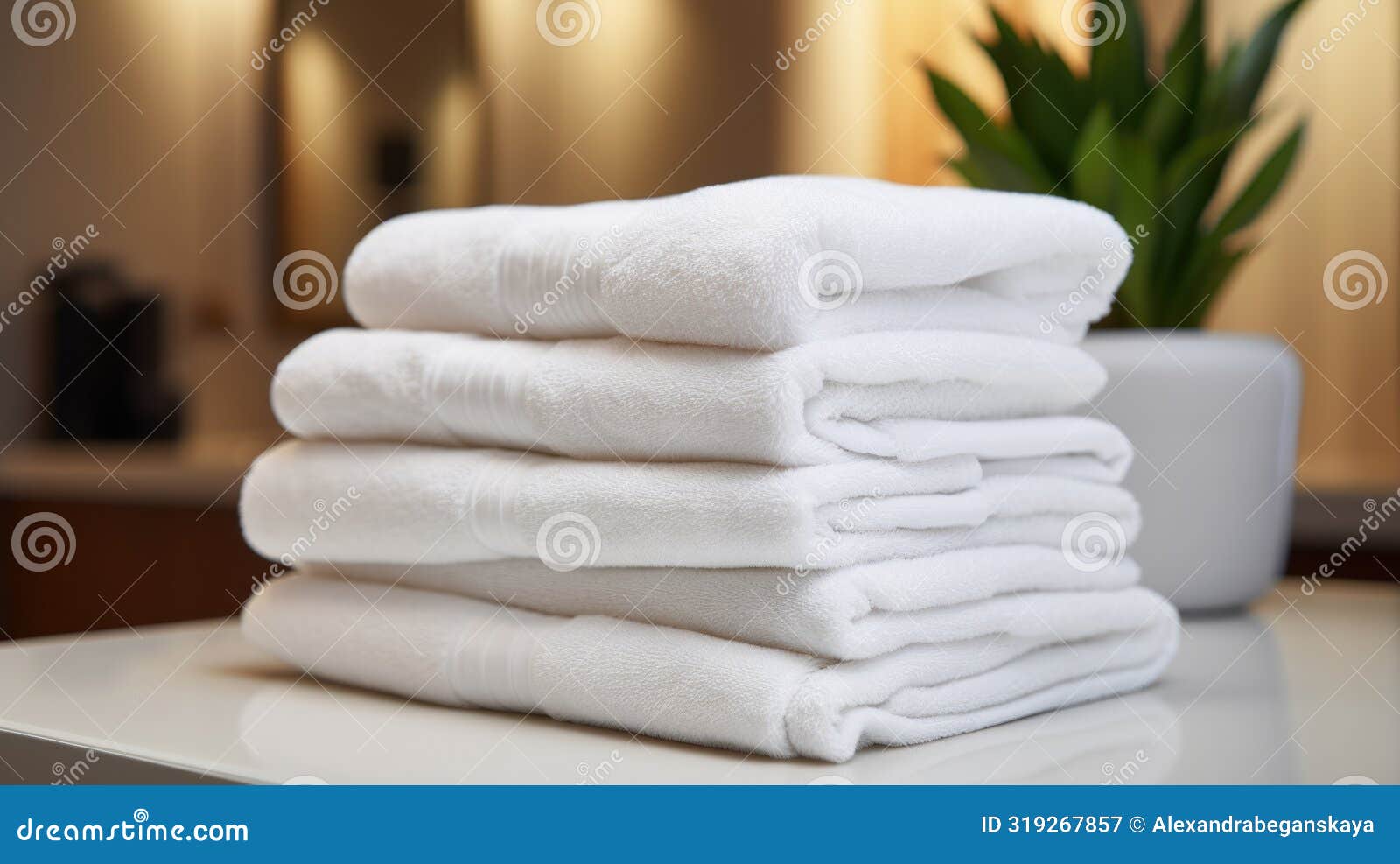 stack of white towels on wooden table with green plant in background