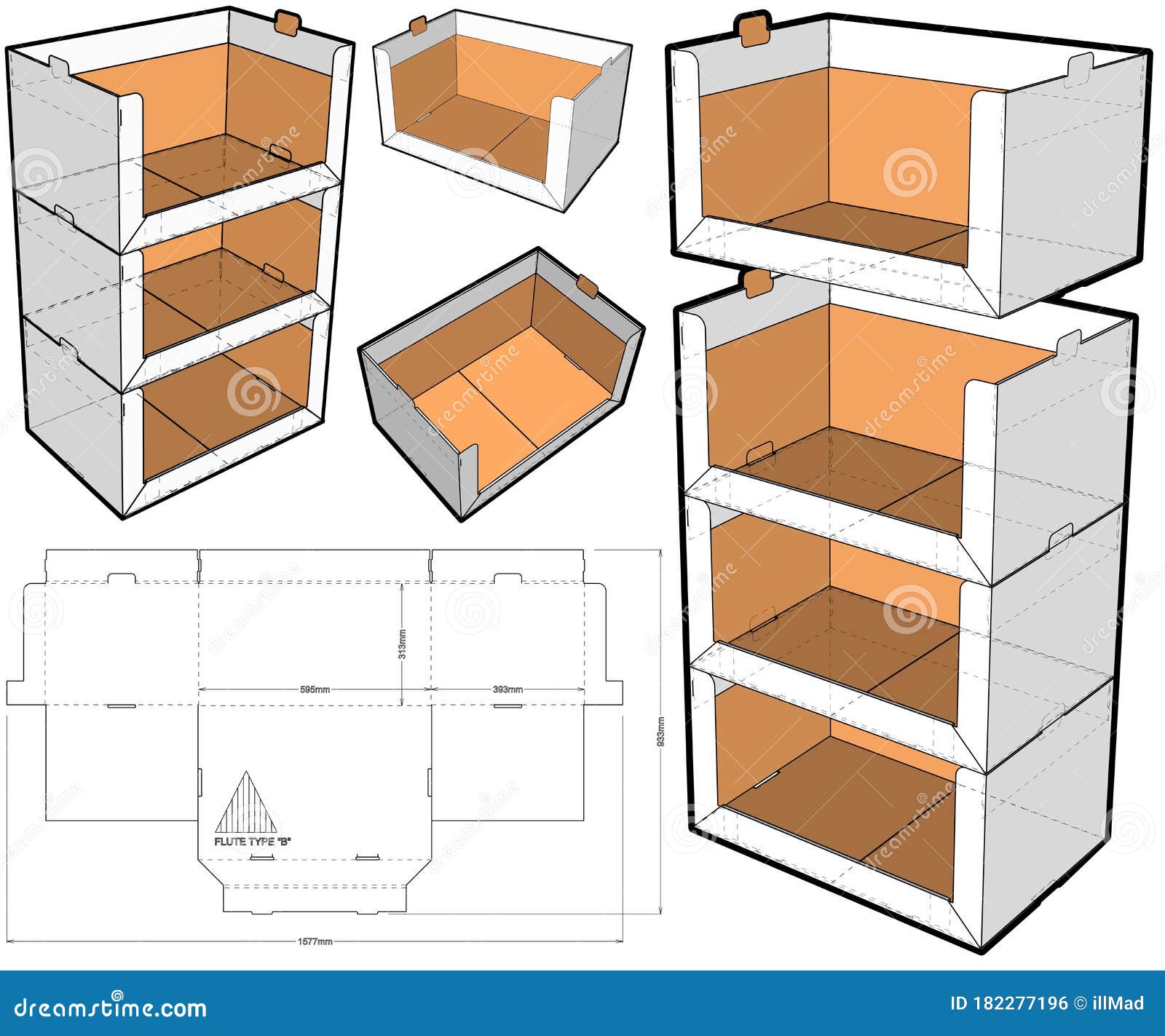 stackable retail double edge box internal measurement 60x39 31cm and die-cut pattern.