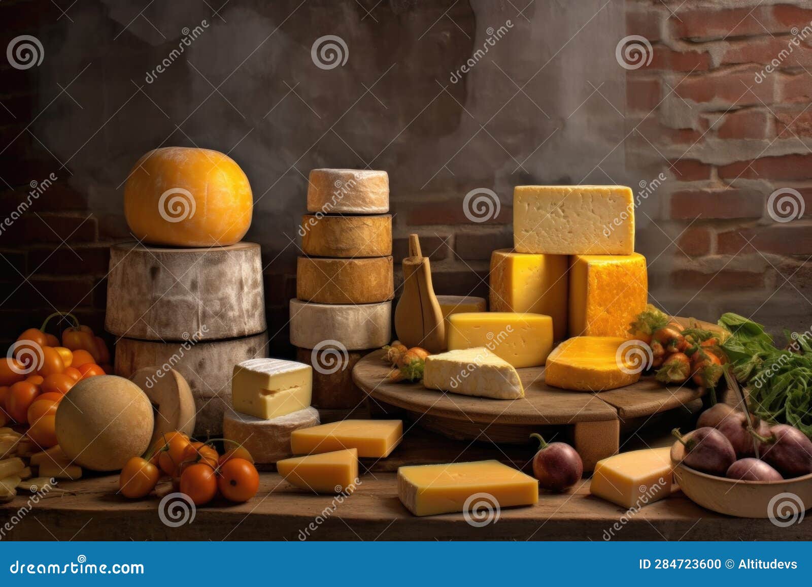 Stacked Cheese Wheels with Cellar Brick Background Stock Photo Image