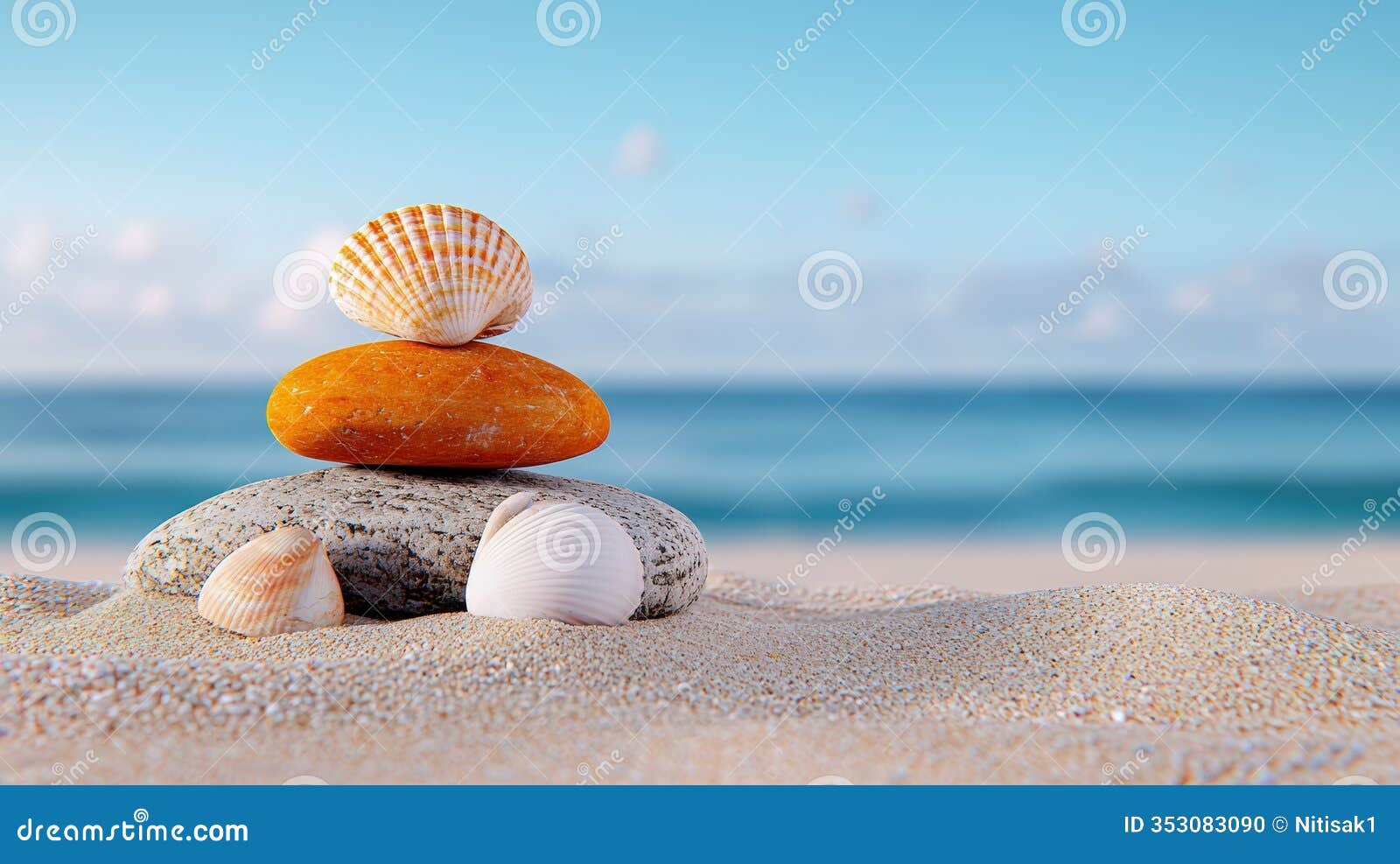 stacked colorful shells and stones on a sandy beach with a serene ocean backdrop
