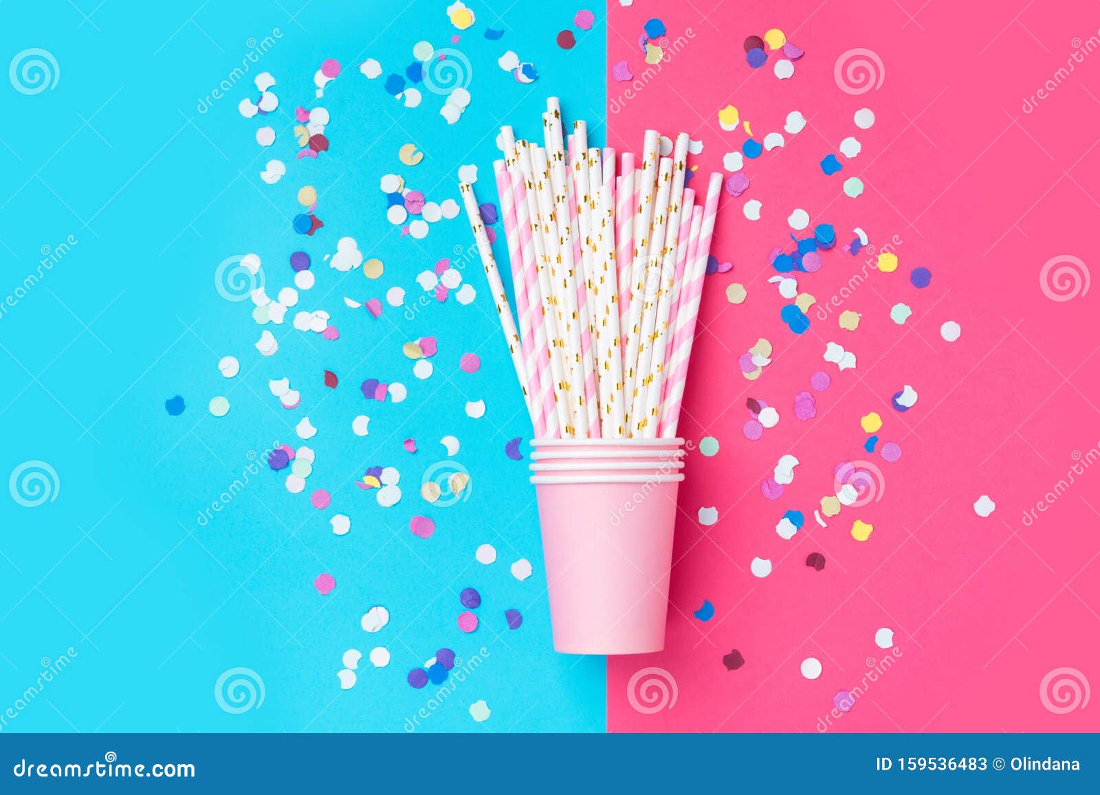 Stacked Drinking Paper Cup Striped Straws Colorful Confetti Scattered
