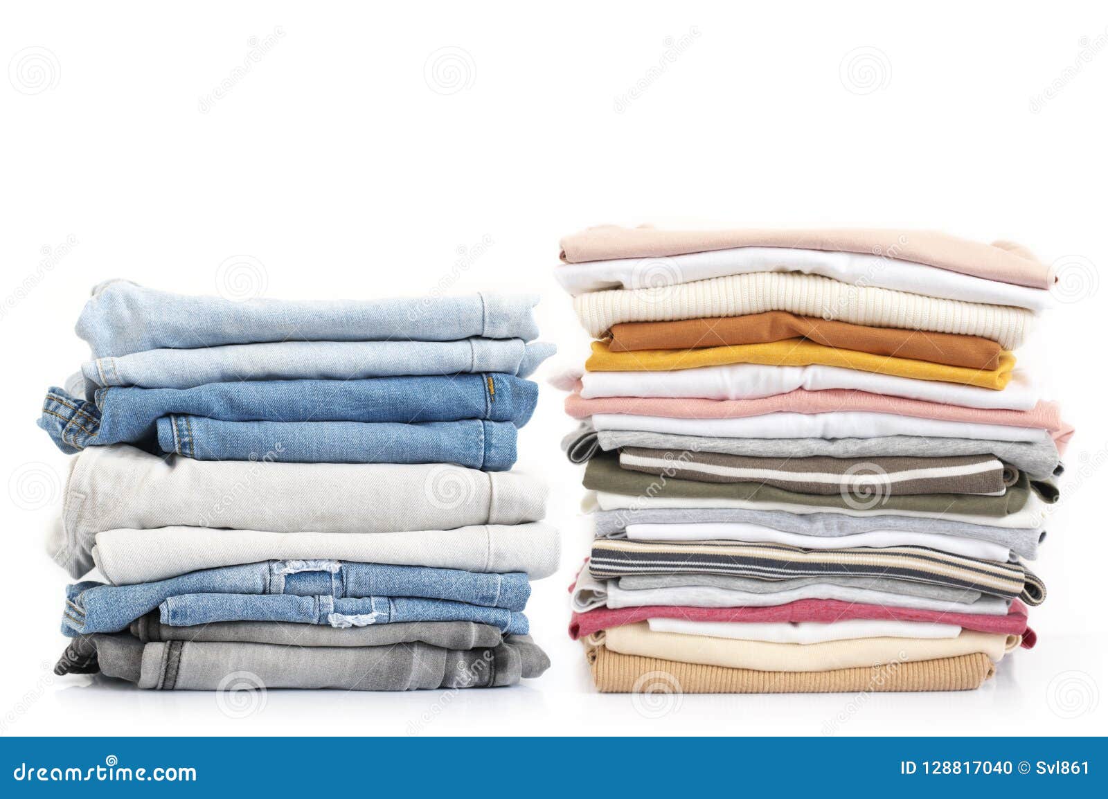 Stacked jeans and t-shirts stock photo. Image of shirt - 128817040