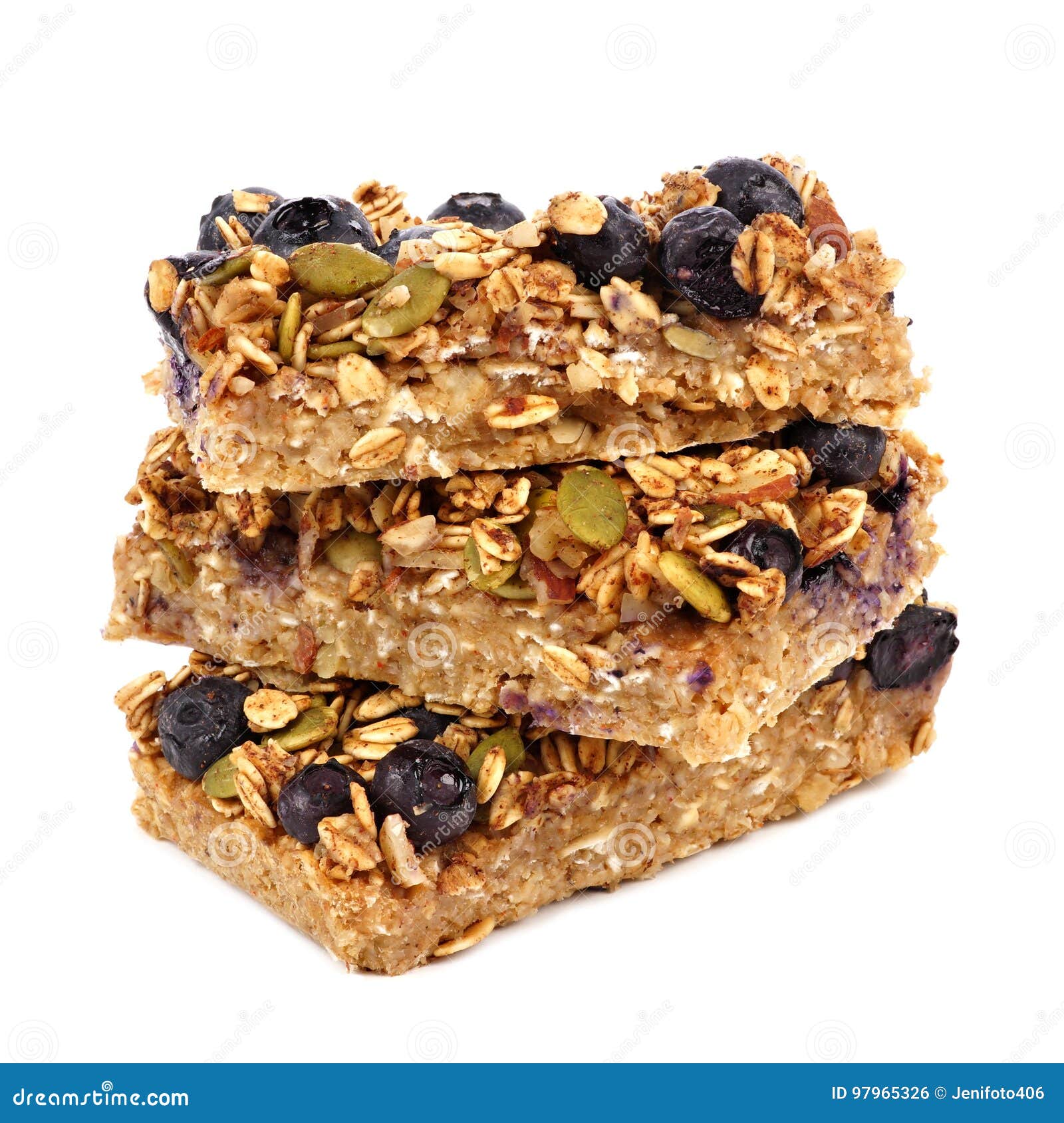 Stacked Superfood Breakfast Bars with Oats and Blueberries Isolated on