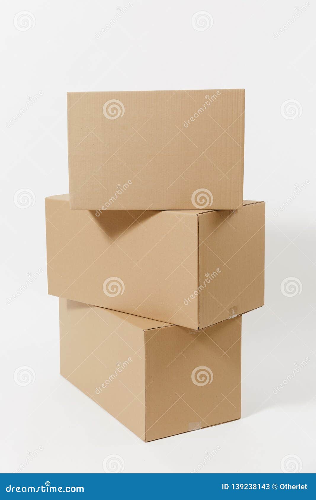 stacked of three brown clear empty blank cardboard boxes  on white background. receiving package. copy space for