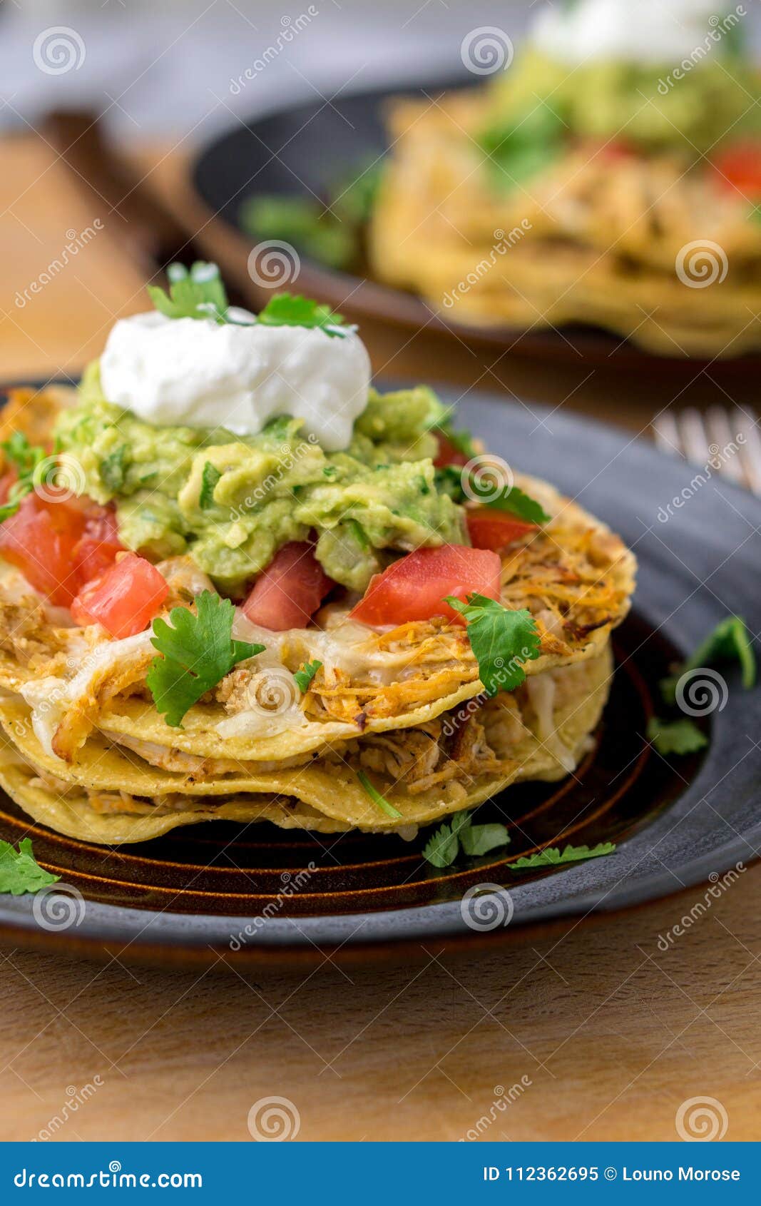 stacked tostada dish closeup.