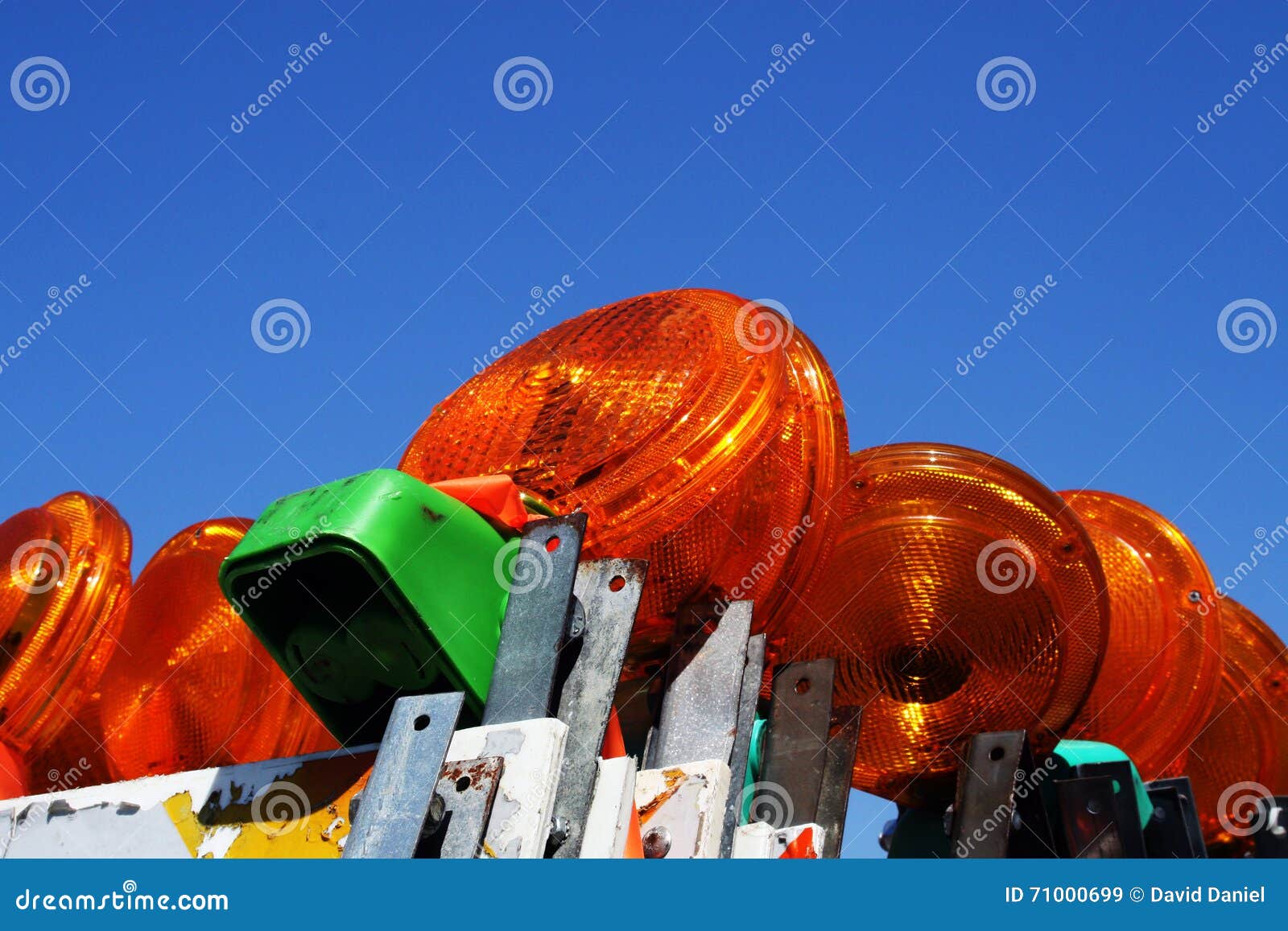 Stacked Up Construction Hazard Barricades with Lights Stock Image