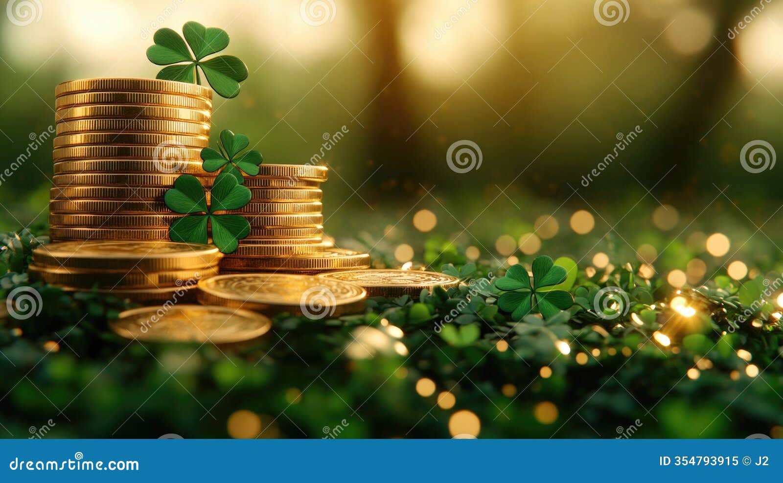 stacks of gold coins with clovers in a sunlit forest setting. saint patrick's day, st paddy's day, st patty