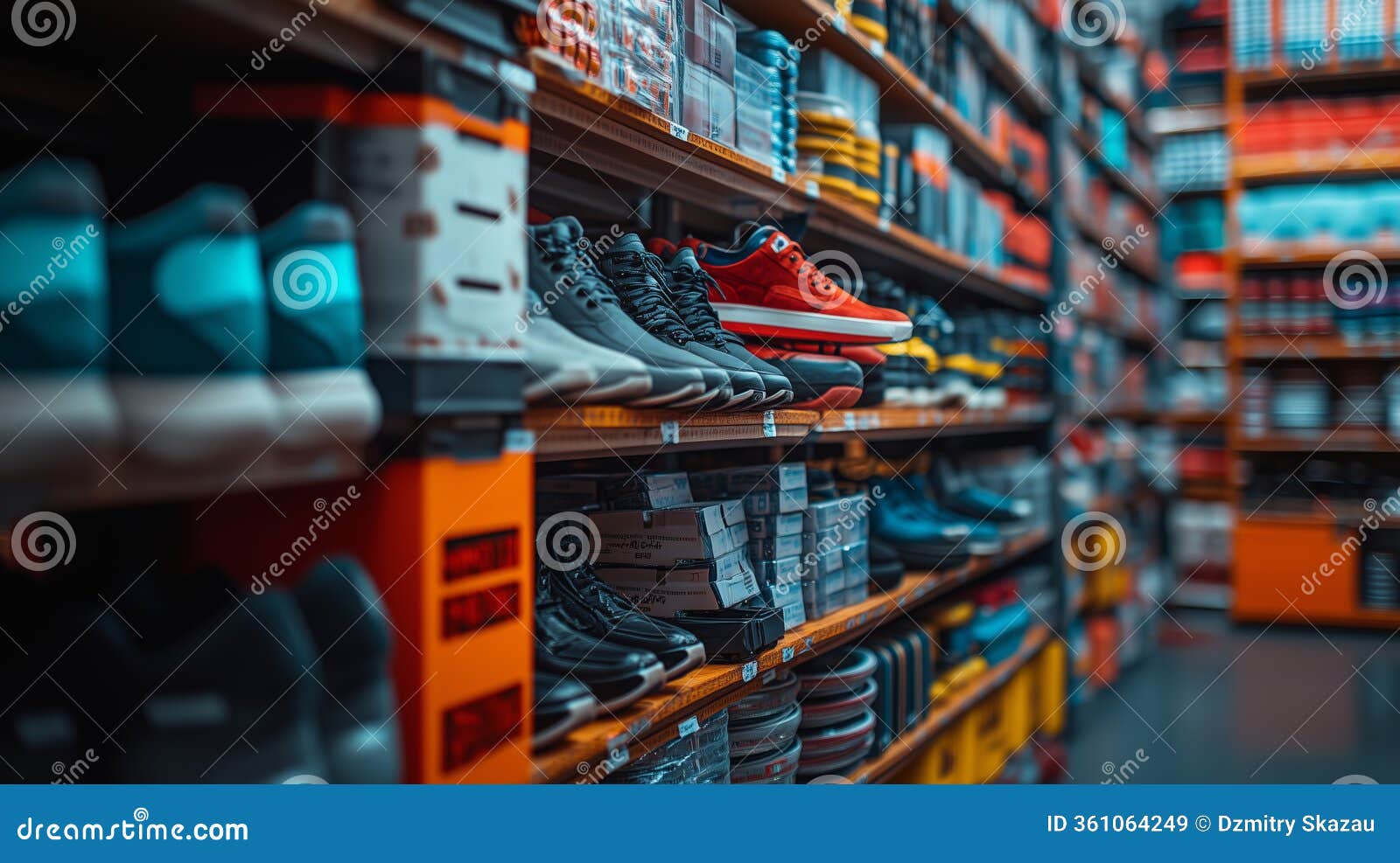 stacks of imported footwear showcasing variety in a vibrant retail environment