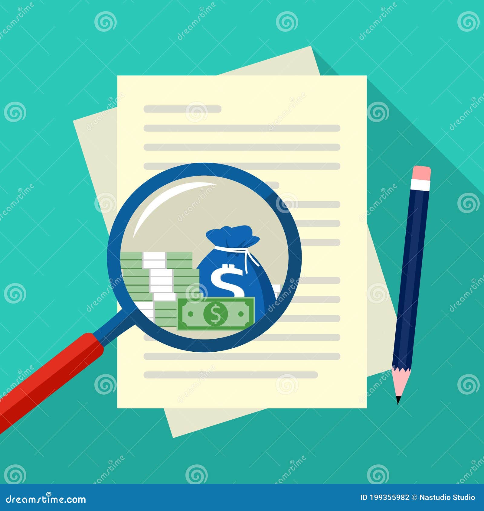 Stacks of Money in a Magnifying Glass and Paper for Business Documents ...