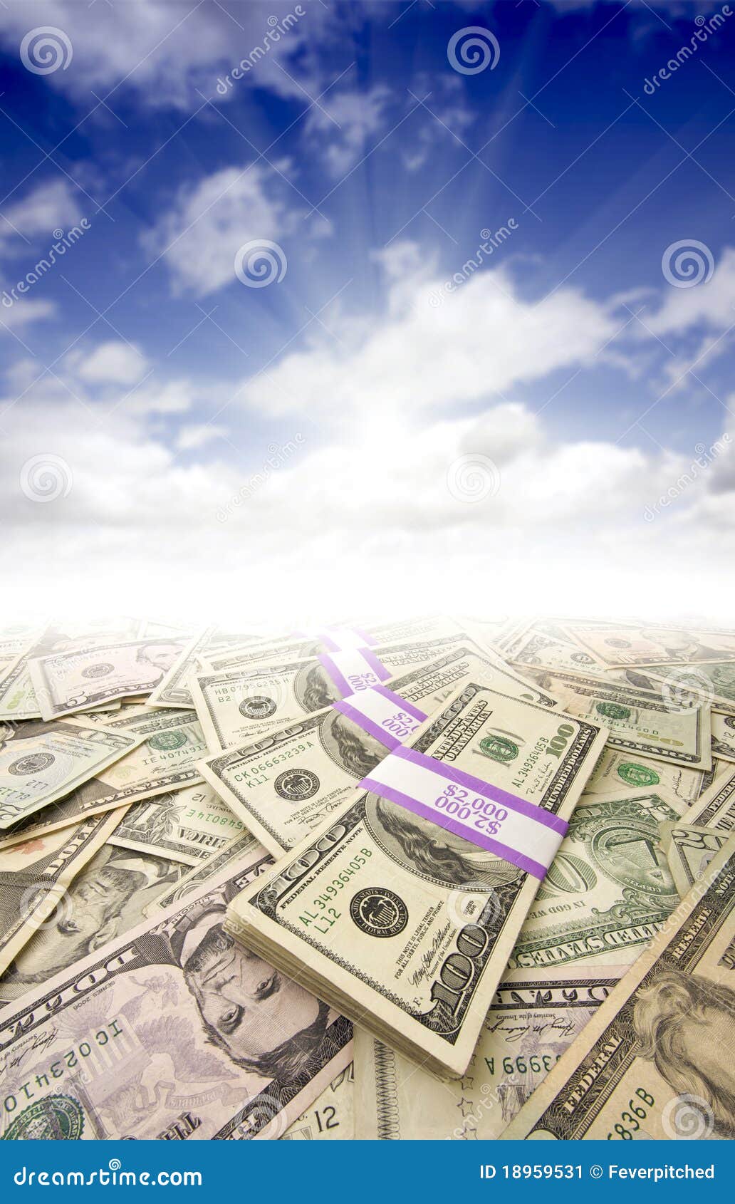 Stacks of Money, Sunburst and Blue Sky Stock Image Image of jackpot
