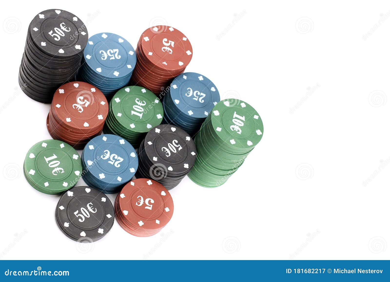 Stacks of Poker Chips of Four Denominations are Isolated on a White