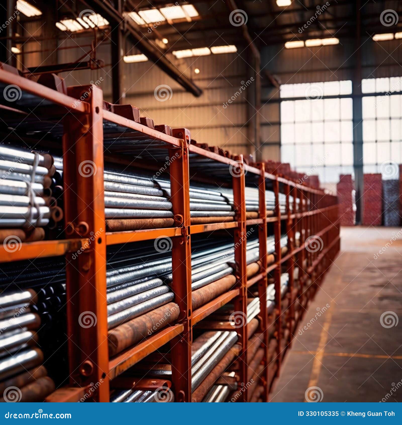 stacks of rusty steel bars piled in factory warehouse store inventory