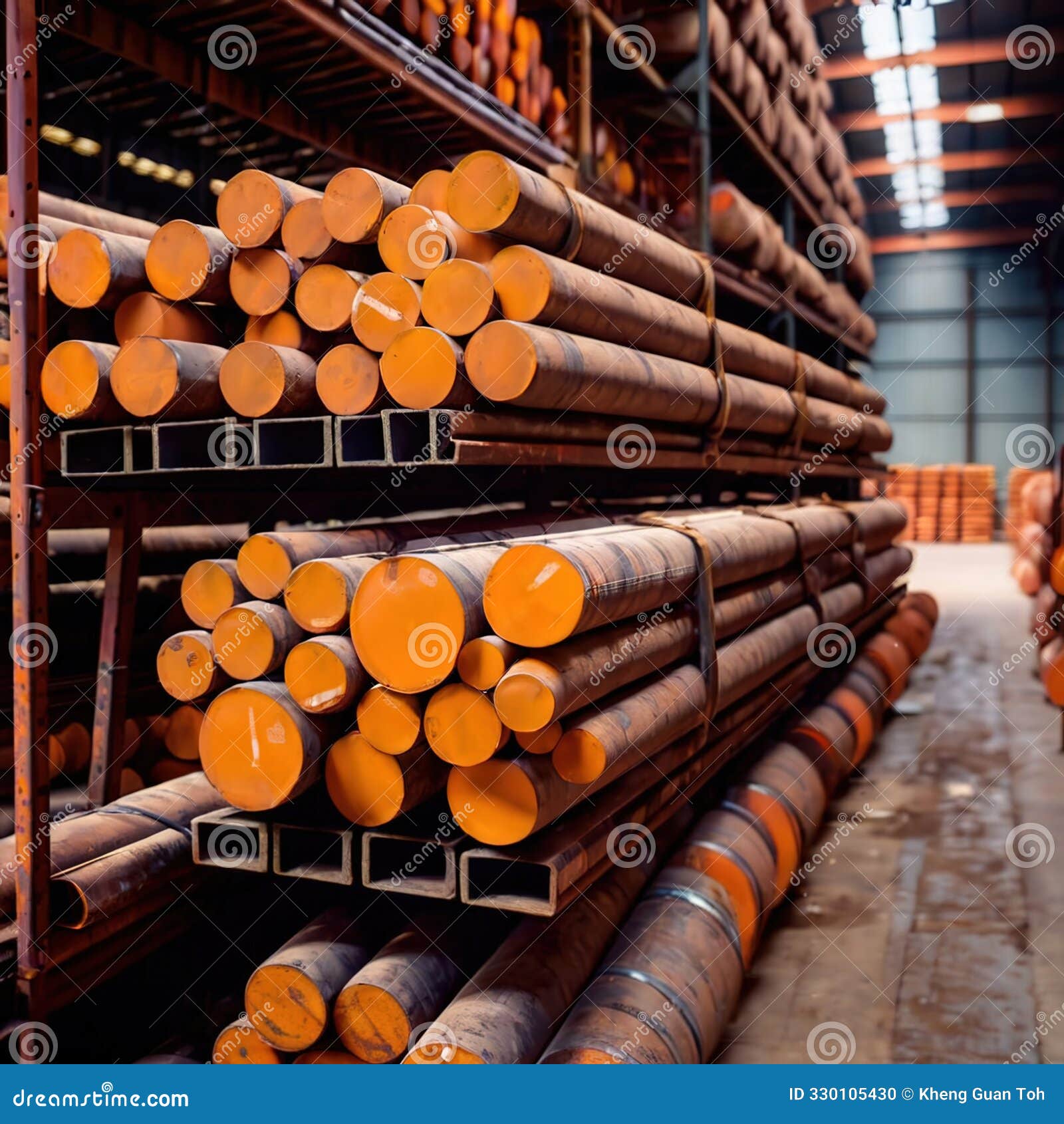 stacks of rusty steel bars piled in factory warehouse store inventory