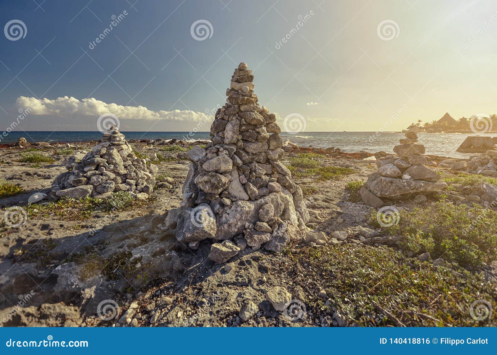 stacks of zen rocks in puerto aventuras`s coast 2