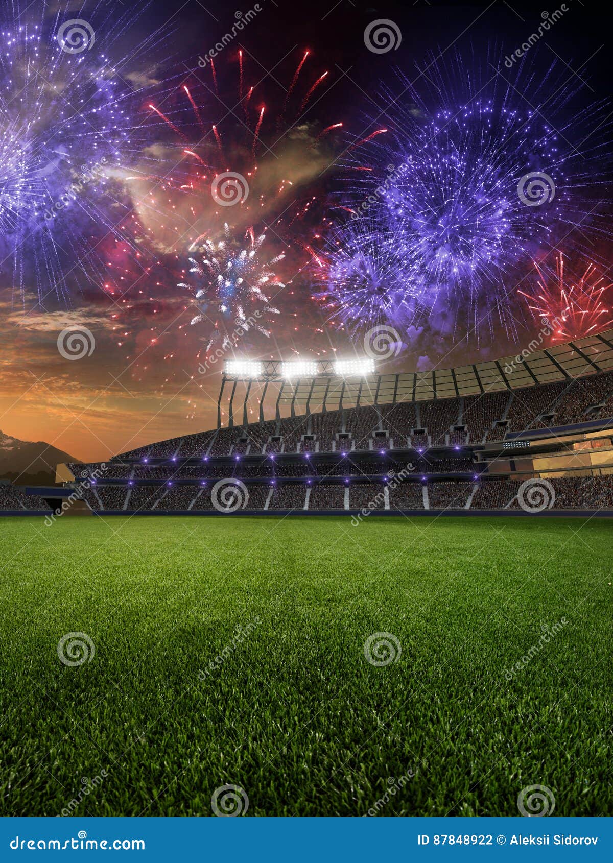 Stadium Sunset with People Fans. 3d Render Illustration Cloudy Sky ...