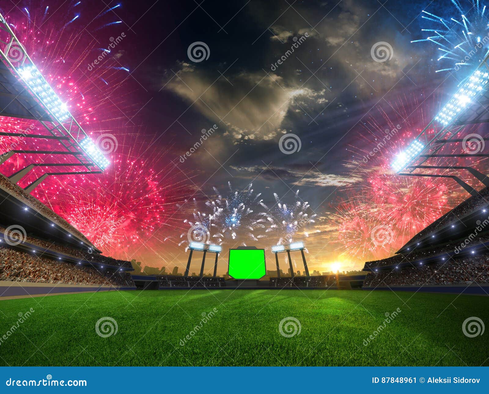 Stadium Sunset with People Fans. 3d Render Illustration Cloudy Sky ...